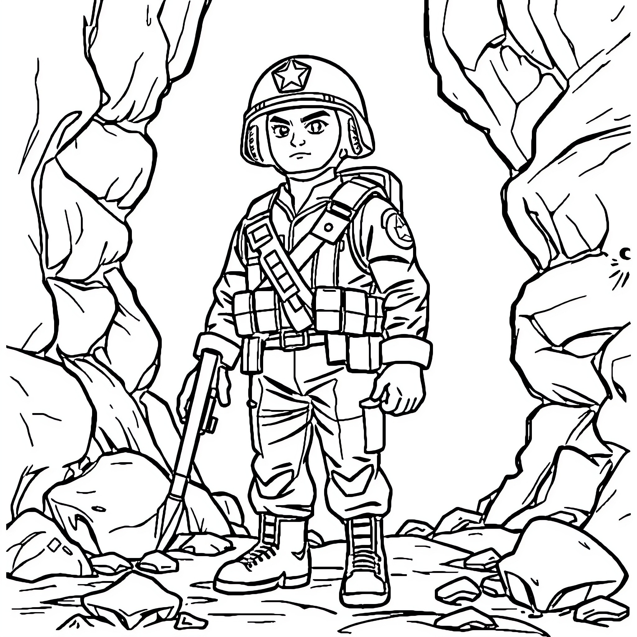 GI Joe Soldier in Combat Zone Coloring Page (free black-and-white line drawing printable PDF for all, from beginners to advanced learners, including children, teens, adults, and seniors)