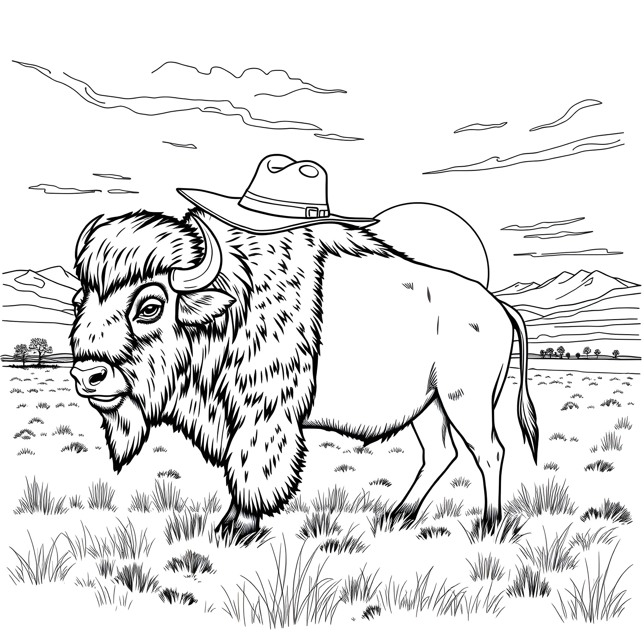 Bison wearing a cowboy hat in the prairie Coloring Page (free black-and-white line drawing printable PDF for all, from beginners to advanced learners, including children, teens, adults, and seniors)