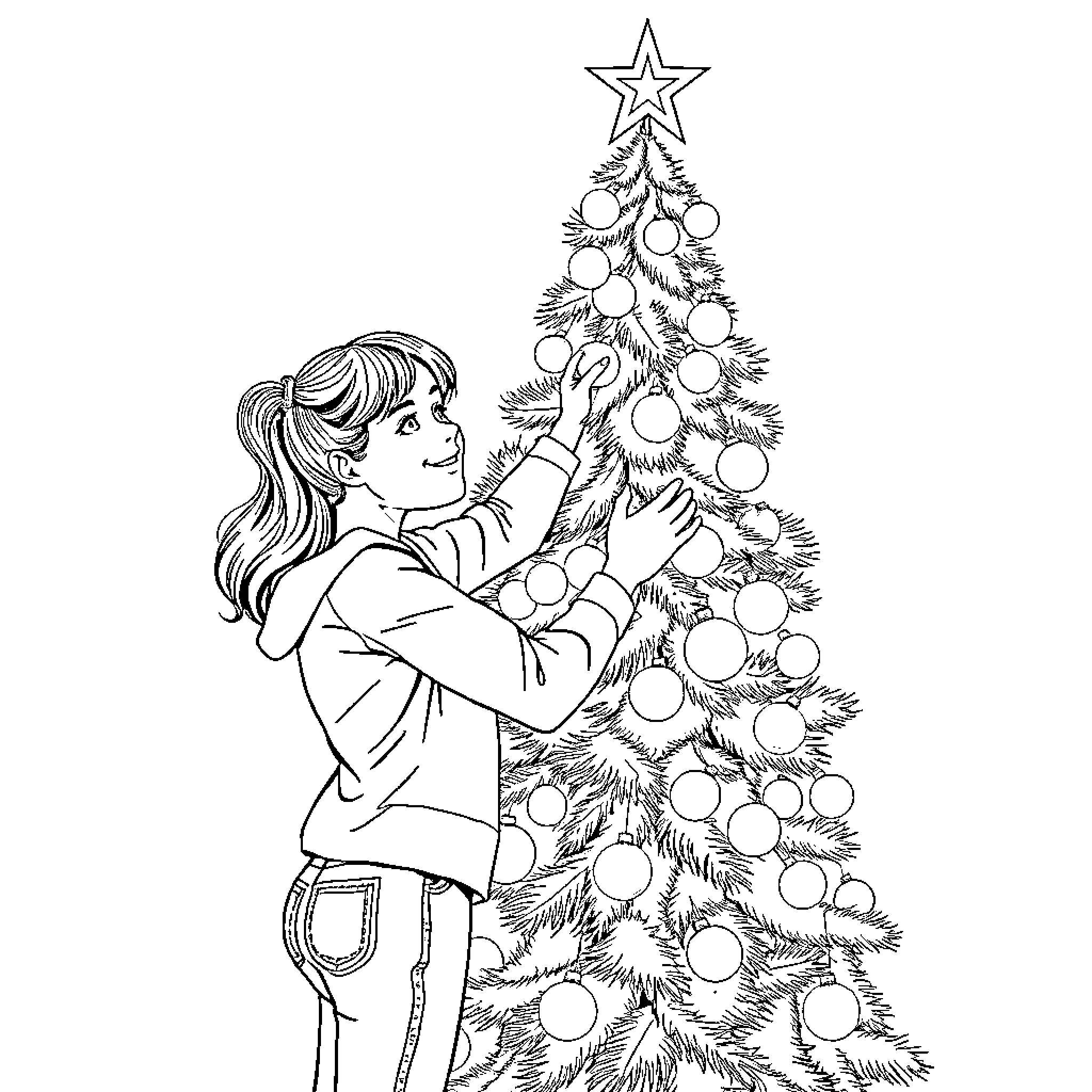 Girl decorating Christmas tree with ornaments Coloring Page (free black-and-white line drawing printable PDF for all, from beginners to advanced learners, including children, teens, adults, and seniors)