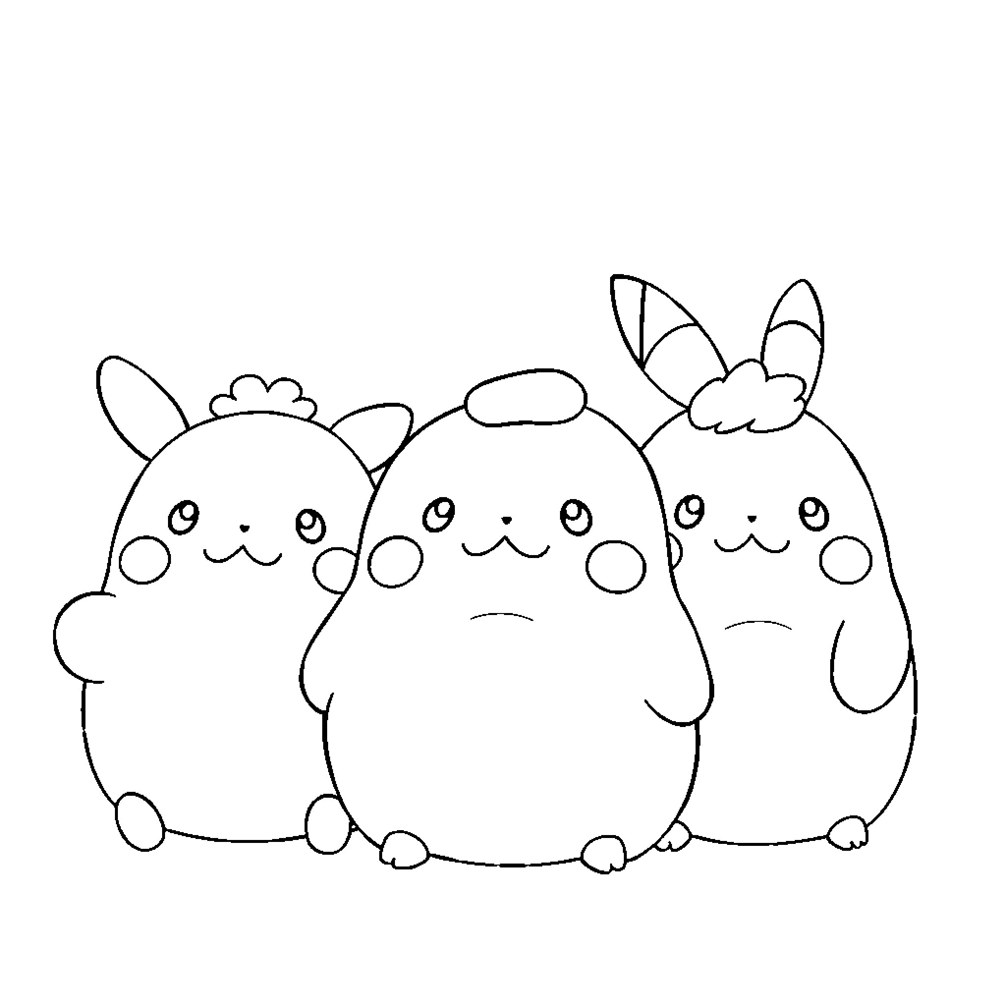 Pokémon friends in a row Coloring Page (free black-and-white line drawing printable PDF for all, from beginners to advanced learners, including children, teens, adults, and seniors)