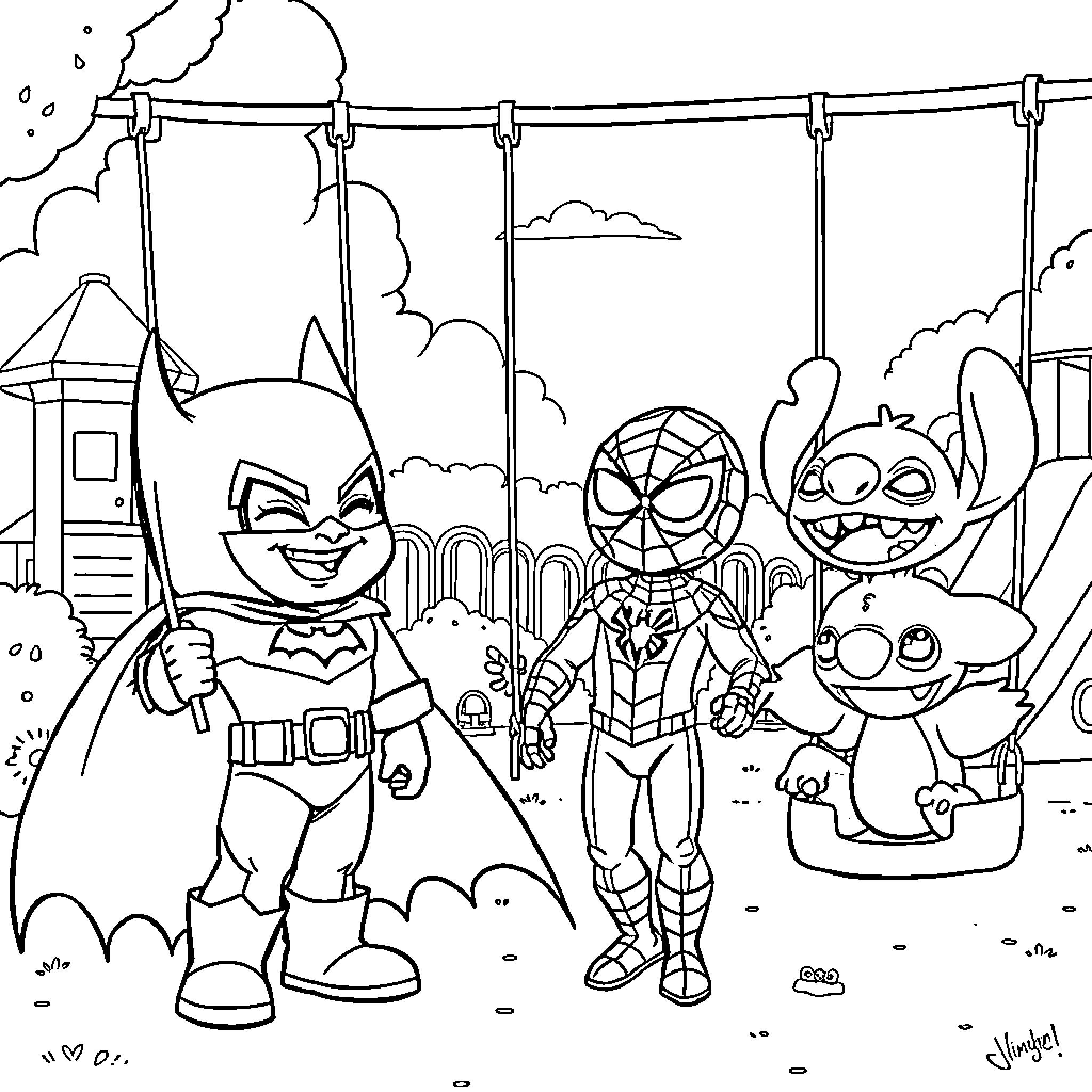 Superhero characters in action-packed scene Coloring Page (free black-and-white line drawing printable PDF for all, from beginners to advanced learners, including children, teens, adults, and seniors)