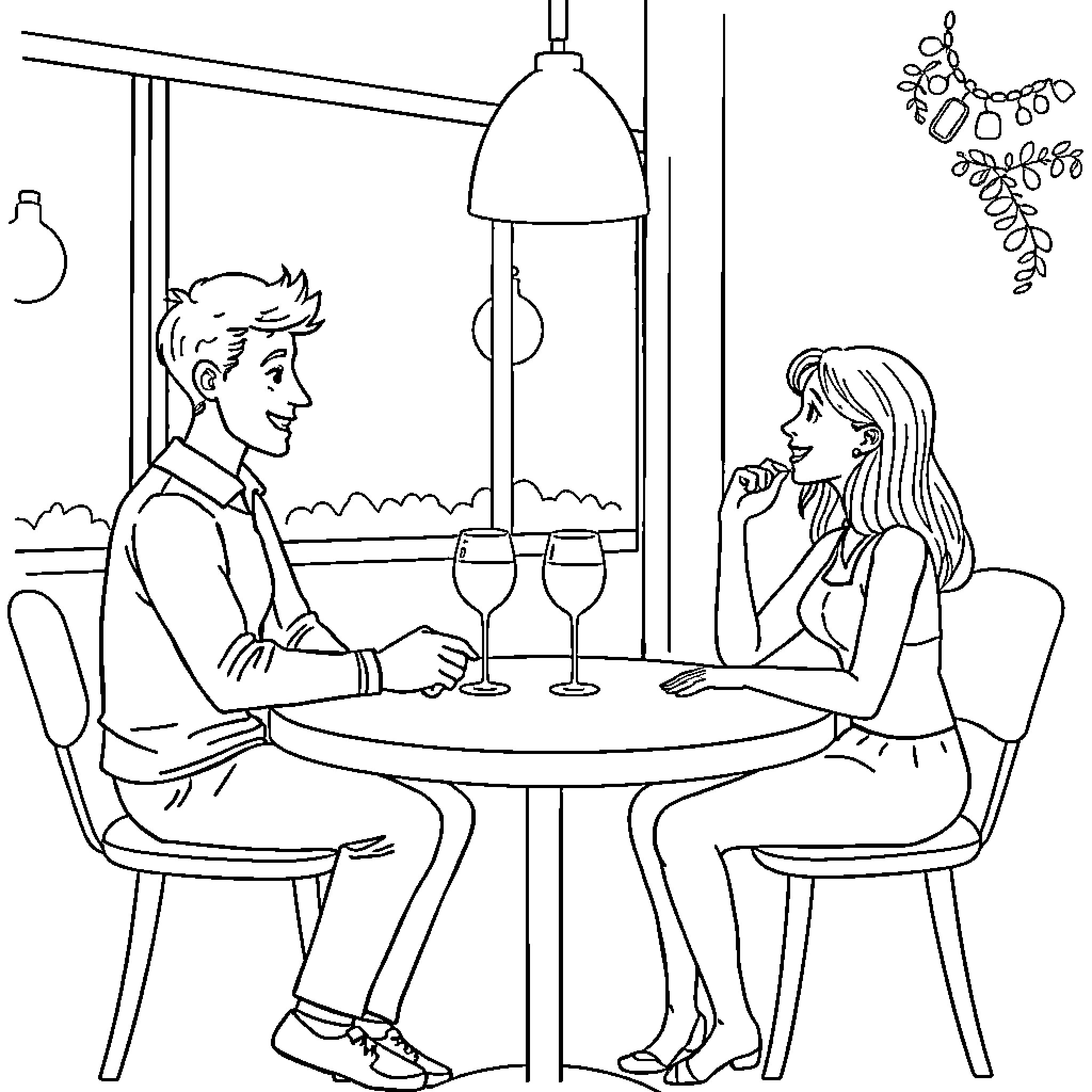 Cat couple enjoying a romantic dinner Coloring Page (free black-and-white line drawing printable PDF for all, from beginners to advanced learners, including children, teens, adults, and seniors)