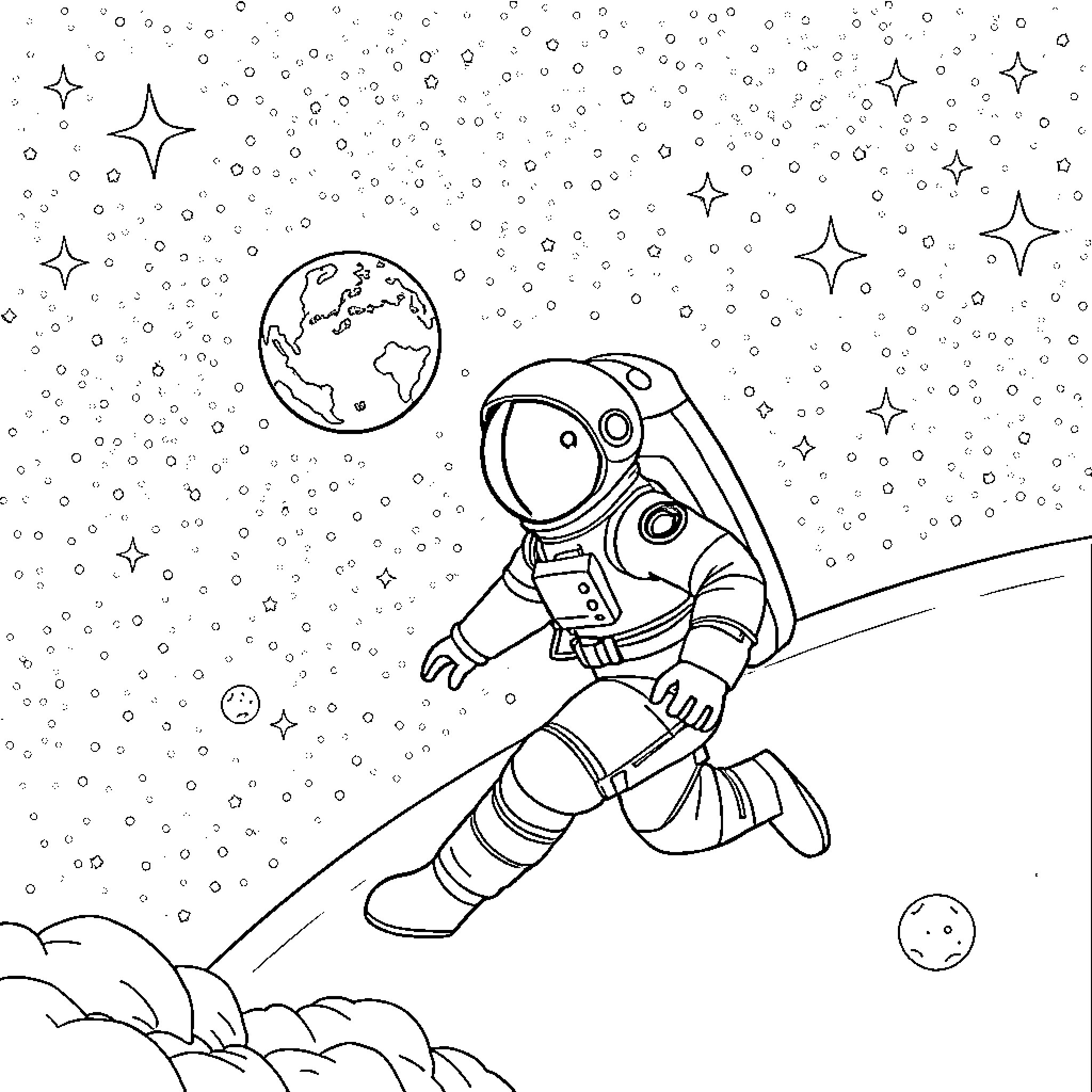 Astronaut exploring the starry space Coloring Page (free black-and-white line drawing printable PDF for all, from beginners to advanced learners, including children, teens, adults, and seniors)