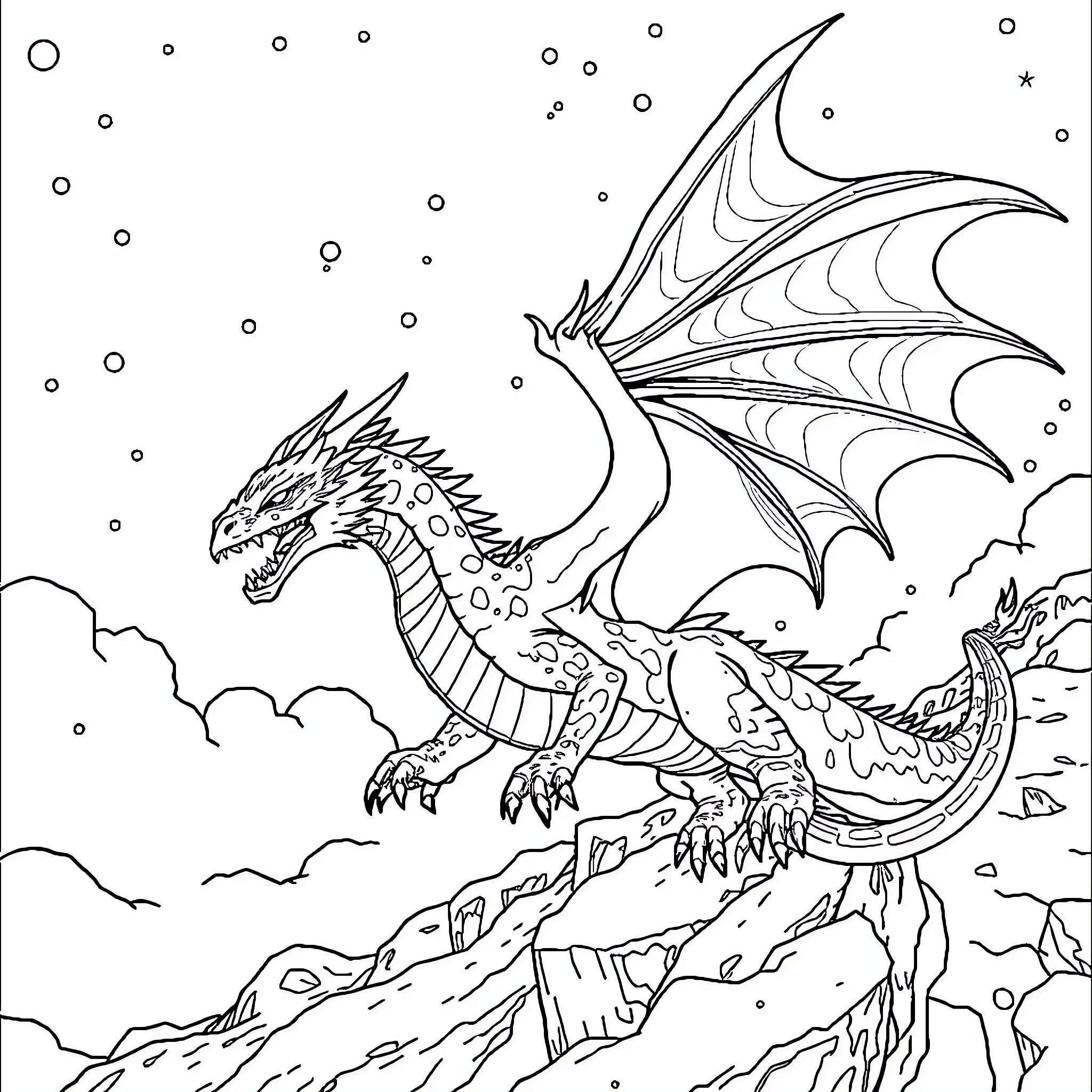Ice Dragon soaring over a majestic landscape Coloring Page (free black-and-white line drawing printable PDF for all, from beginners to advanced learners, including children, teens, adults, and seniors)