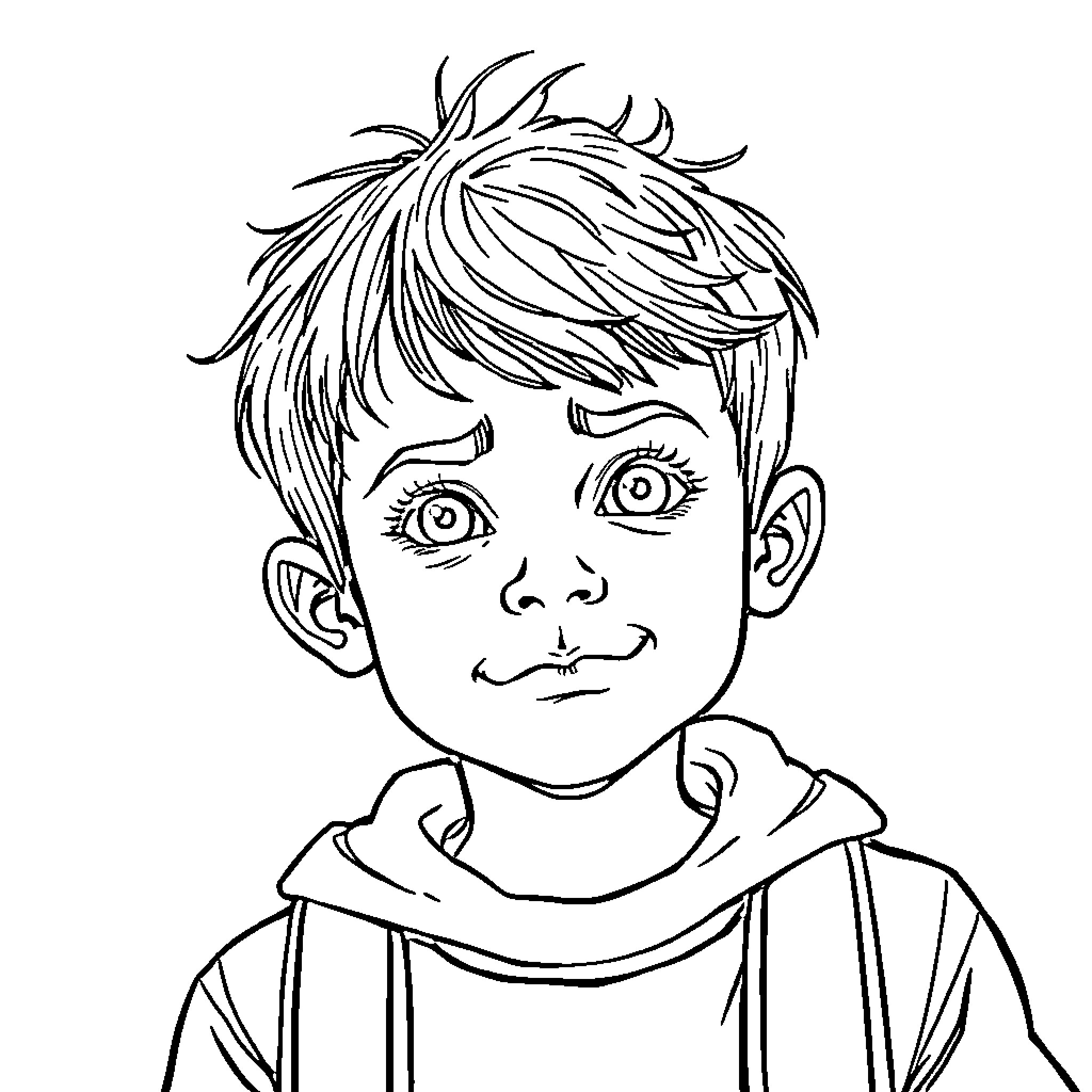 Niño with curious expression and casual clothing Coloring Page (free black-and-white line drawing printable PDF for all, from beginners to advanced learners, including children, teens, adults, and seniors)