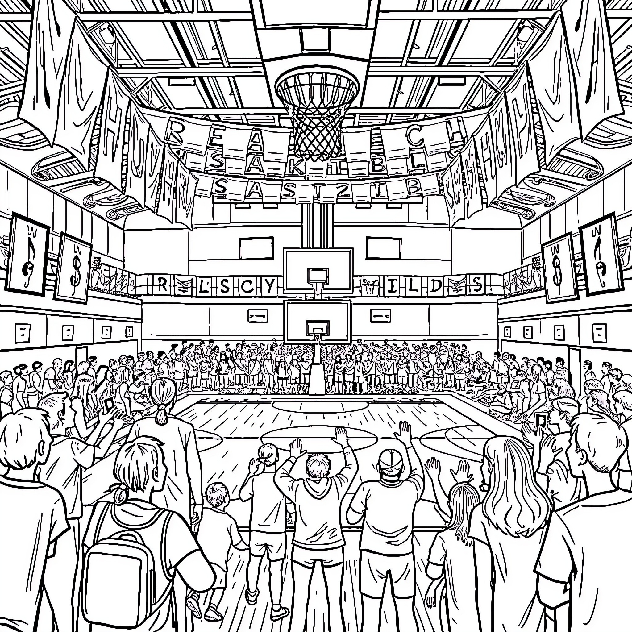 Basketball game in a crowded indoor arena Coloring Page (free black-and-white line drawing printable PDF for all, from beginners to advanced learners, including children, teens, adults, and seniors)