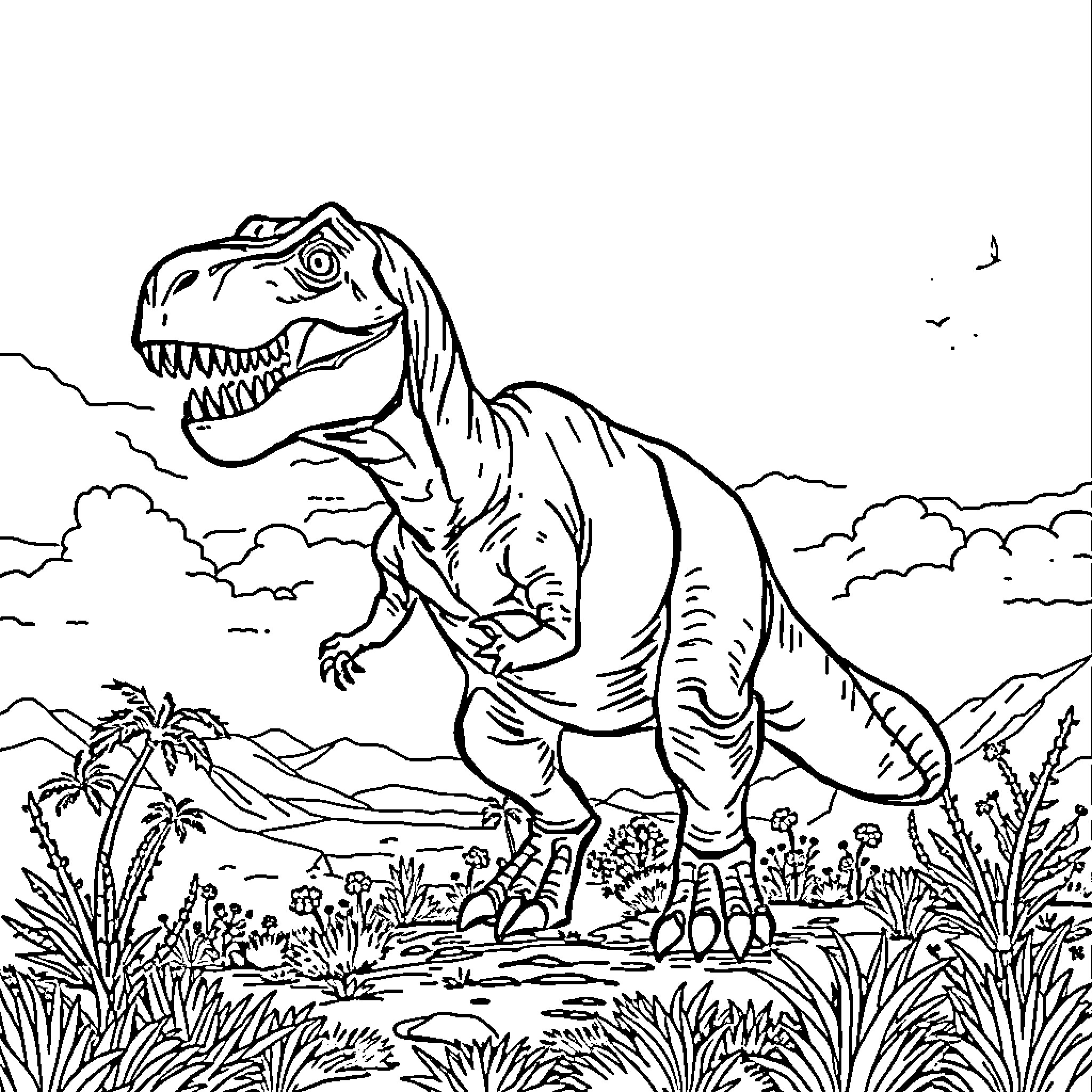Tyrannosaurus roams the prehistoric landscape Coloring Page (free black-and-white line drawing printable PDF for all, from beginners to advanced learners, including children, teens, adults, and seniors)