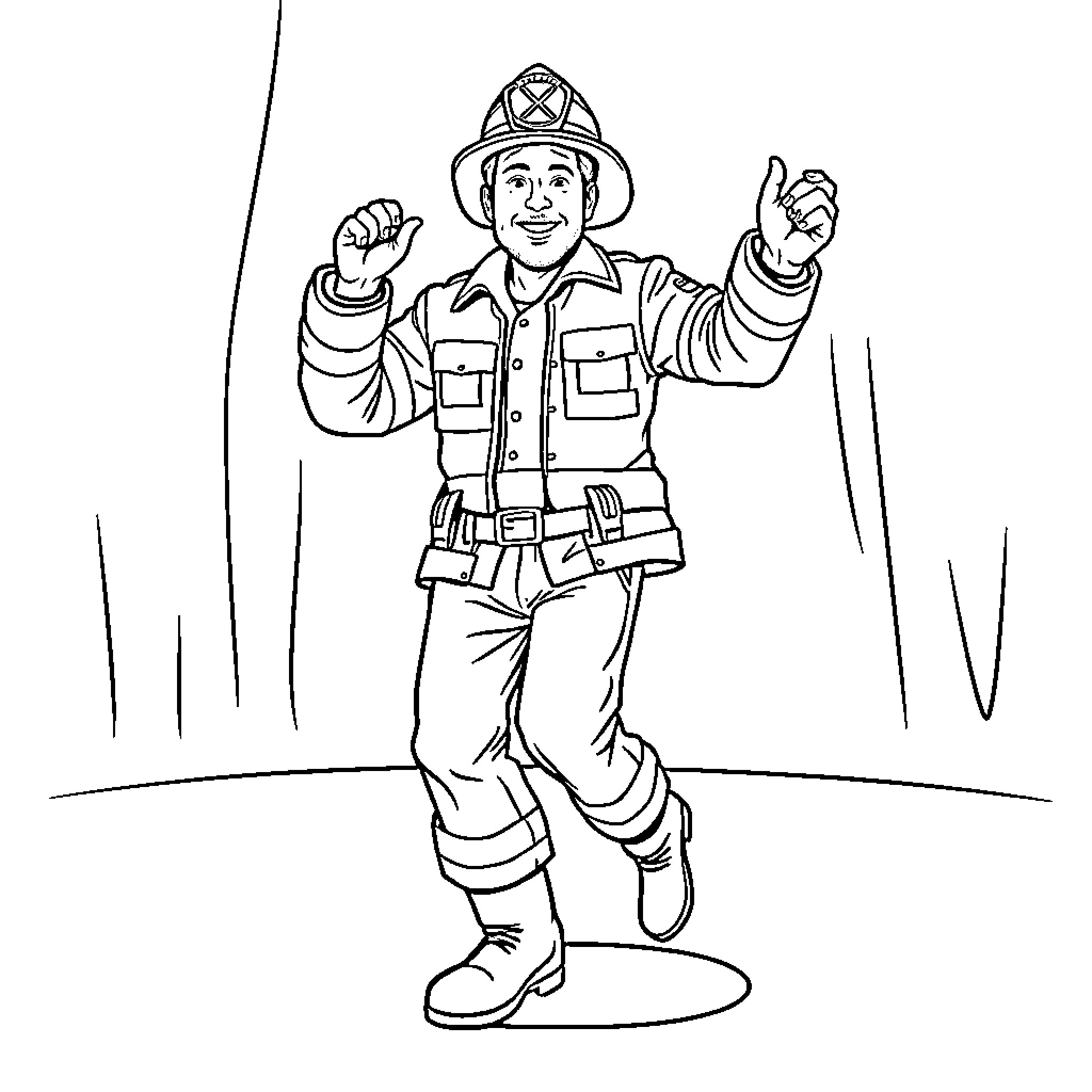Fireman in uniform giving a thumbs up gesture Coloring Page (free black-and-white line drawing printable PDF for all, from beginners to advanced learners, including children, teens, adults, and seniors)