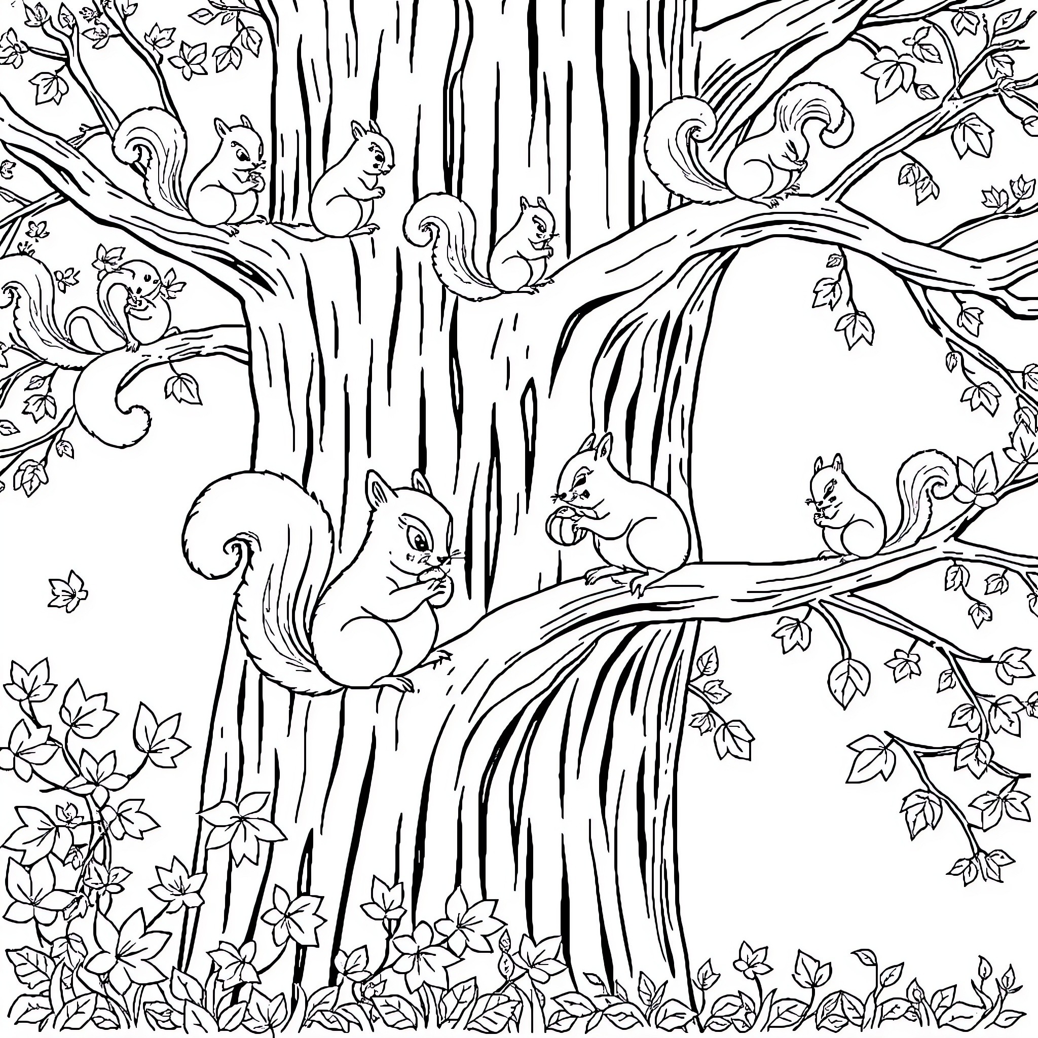 Squirrels playing in the woodland forest Coloring Page (free black-and-white line drawing printable PDF for all, from beginners to advanced learners, including children, teens, adults, and seniors)
