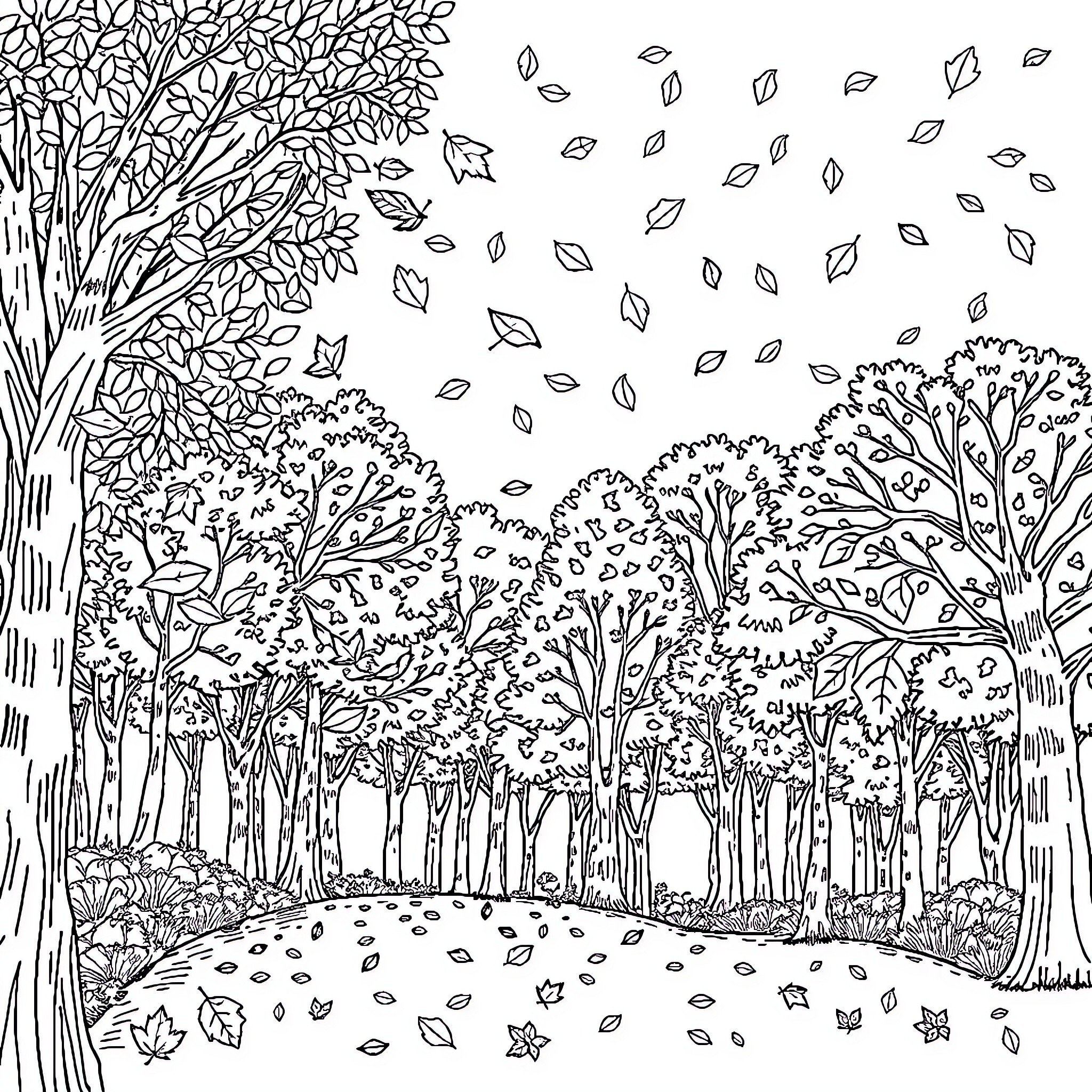 Fall Forest Scene with Falling Leaves Coloring Page (free black-and-white line drawing printable PDF for all, from beginners to advanced learners, including children, teens, adults, and seniors)