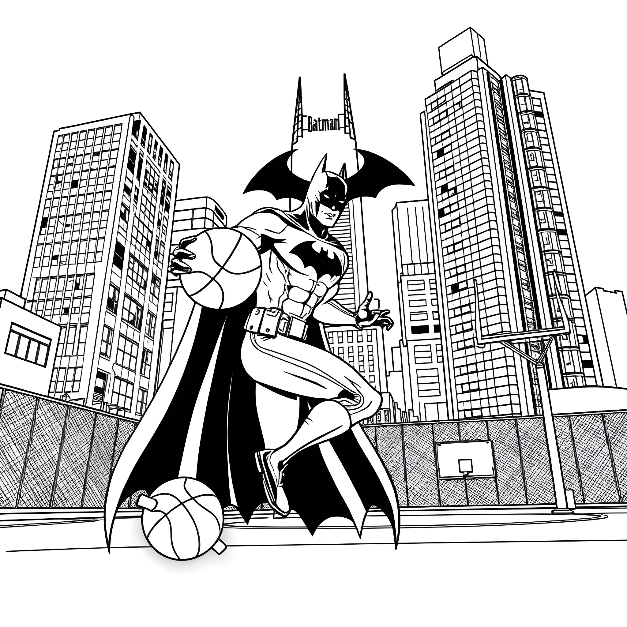 Batman in Action Against City Backdrop Coloring Page (free black-and-white line drawing printable PDF for all, from beginners to advanced learners, including children, teens, adults, and seniors)