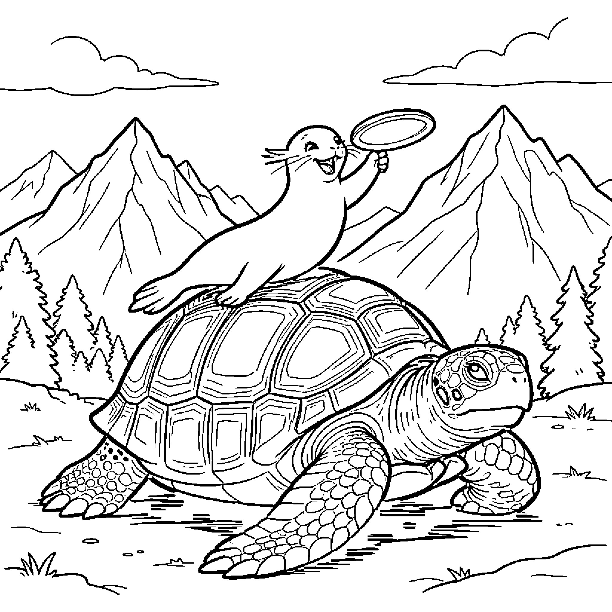 Otarie playing with turtle in the mountains Coloring Page (free black-and-white line drawing printable PDF for all, from beginners to advanced learners, including children, teens, adults, and seniors)