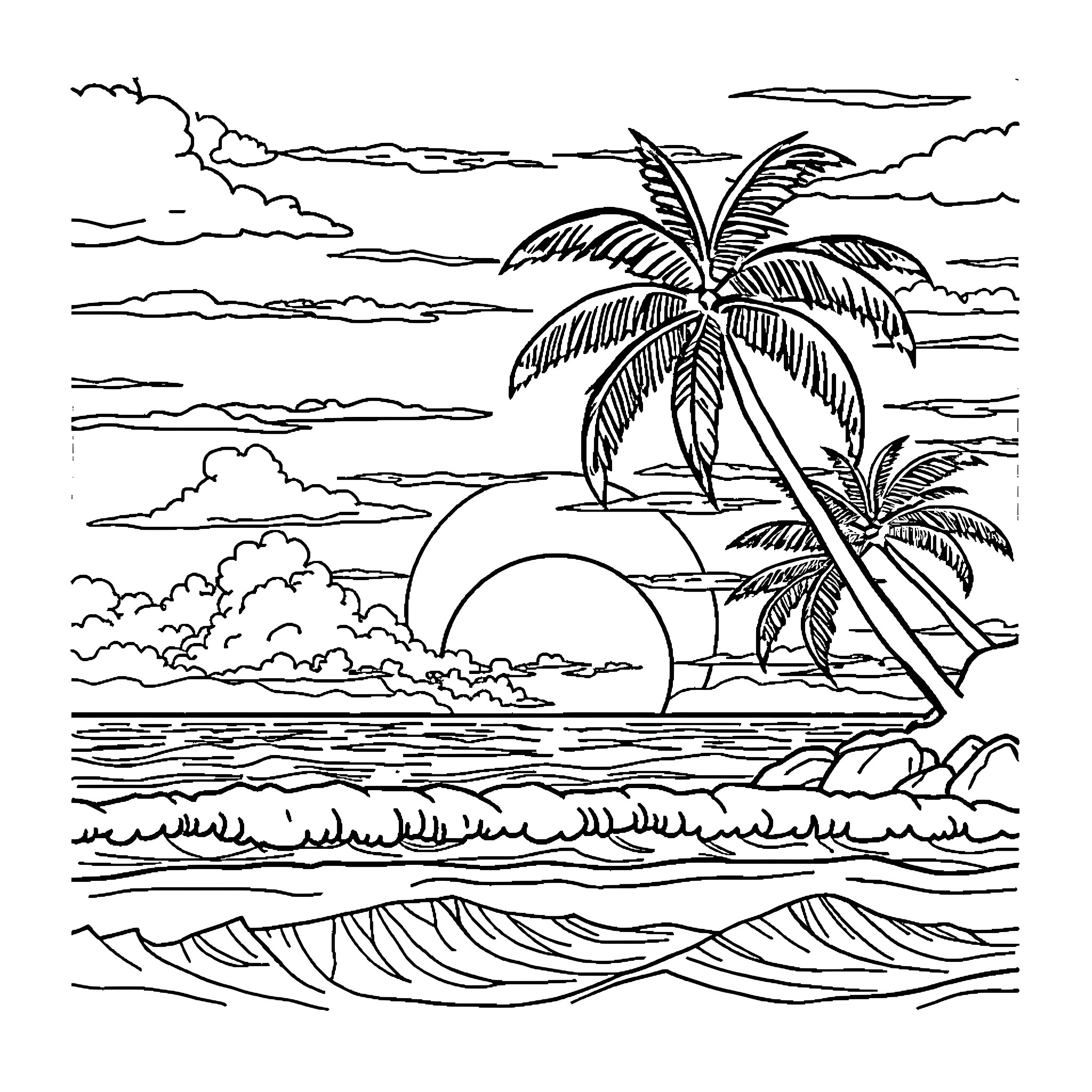 Sunset at the tropical beach with palm trees Coloring Page (free black-and-white line drawing printable PDF for all, from beginners to advanced learners, including children, teens, adults, and seniors)