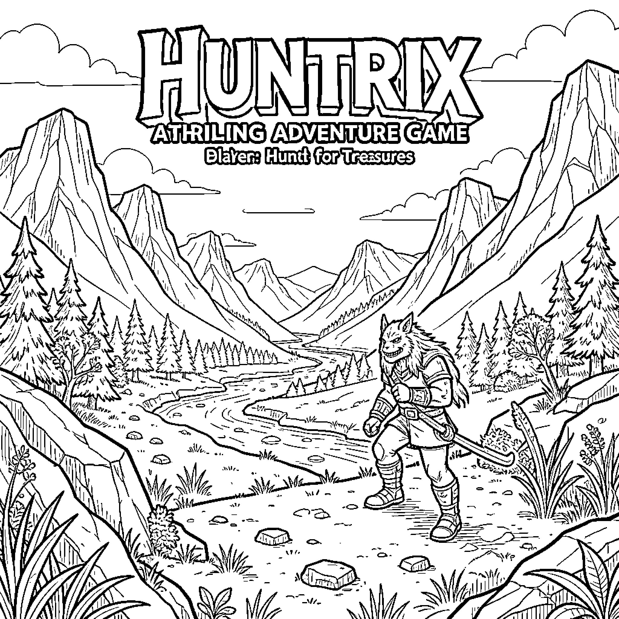 Huntrix character walking through a vast mountain valley Coloring Page (free black-and-white line drawing printable PDF for all, from beginners to advanced learners, including children, teens, adults, and seniors)