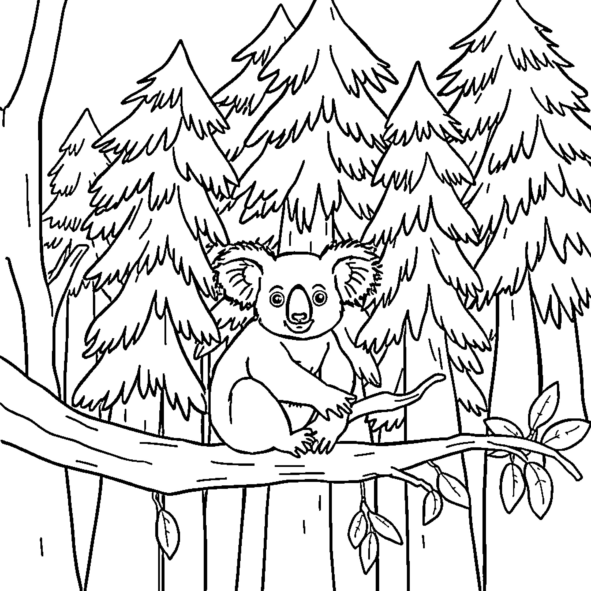 Koala sitting peacefully in forest Coloring Page (free black-and-white line drawing printable PDF for all, from beginners to advanced learners, including children, teens, adults, and seniors)