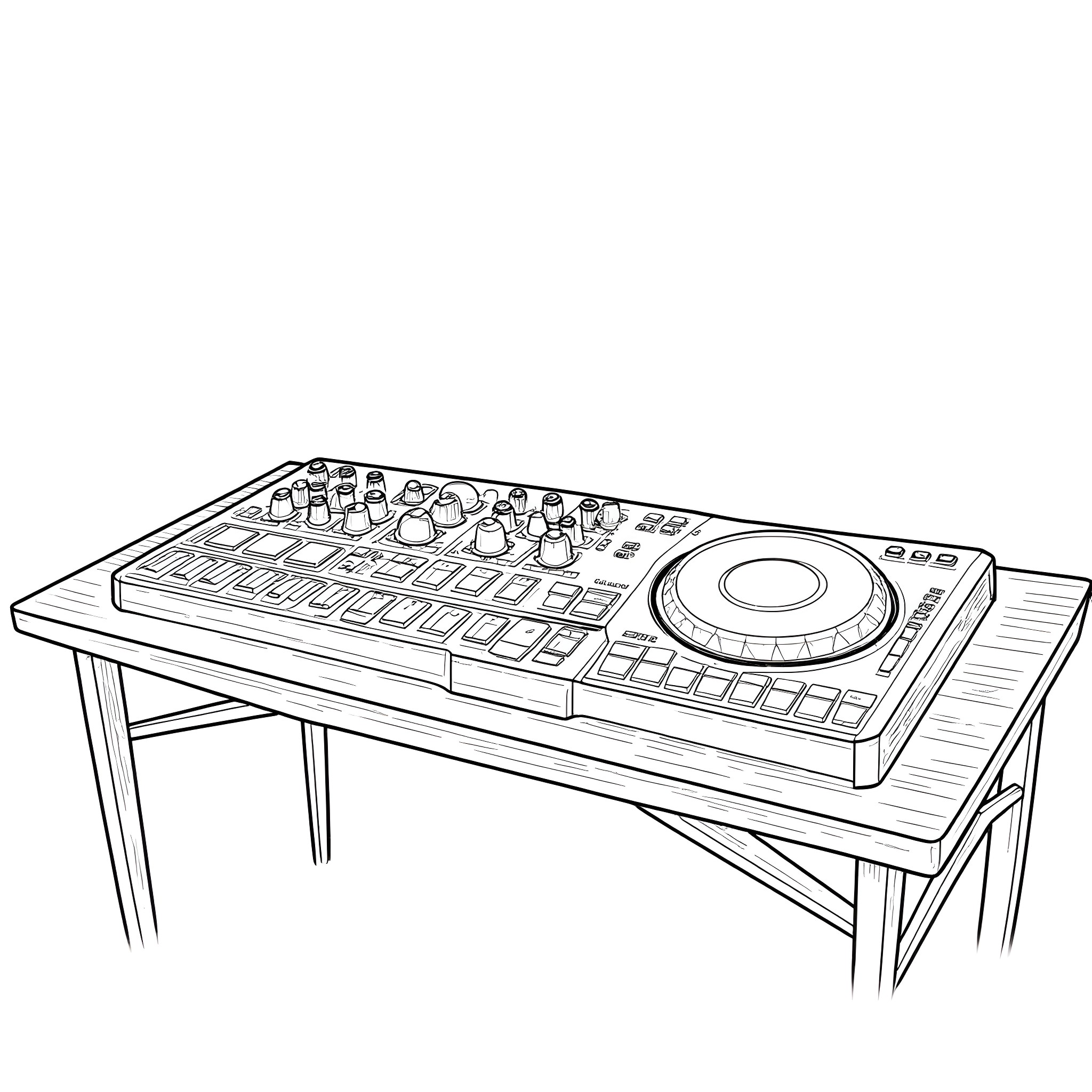 AKAI MPC music production equipment on a desk Coloring Page (free black-and-white line drawing printable PDF for all, from beginners to advanced learners, including children, teens, adults, and seniors)