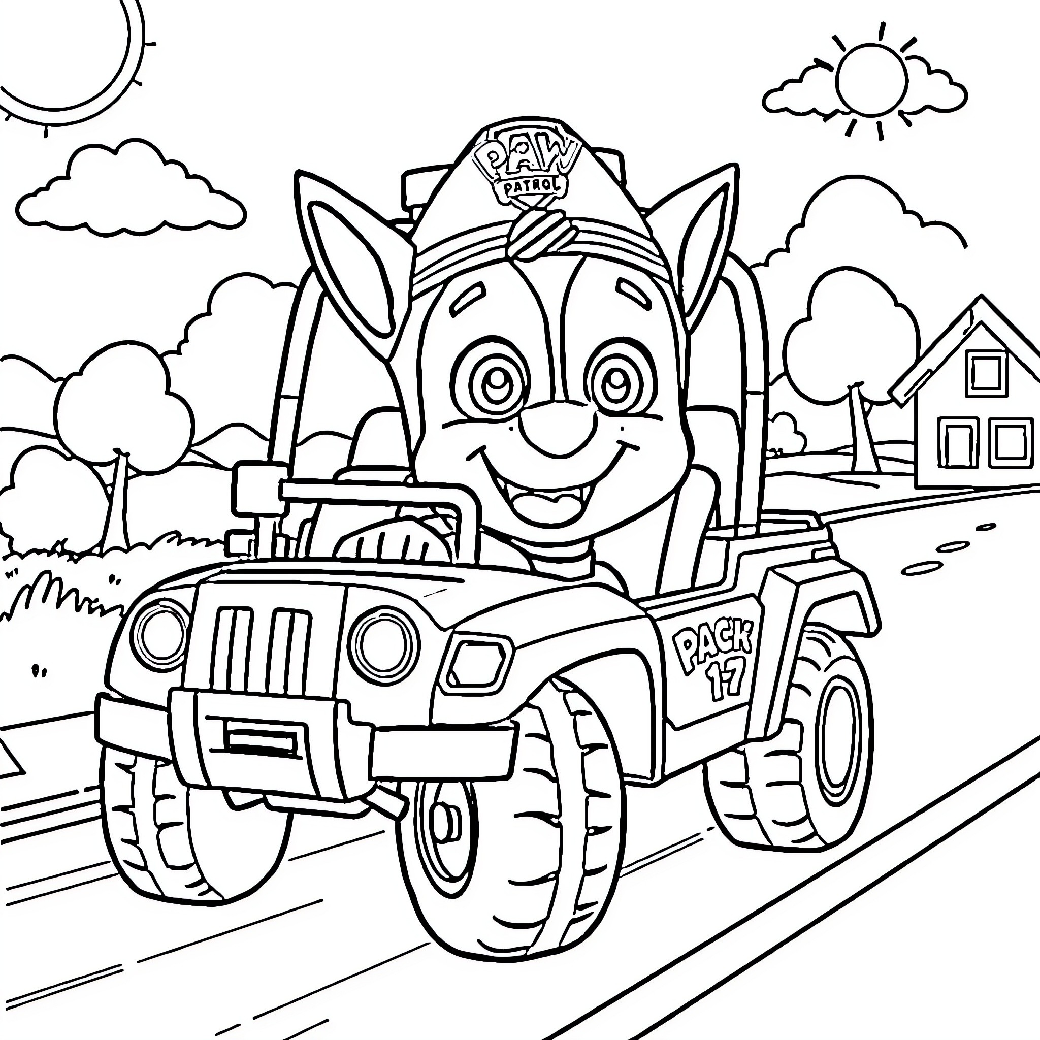 Chase the Friendly Paw Patrol Pup on Adventure Coloring Page (free black-and-white line drawing printable PDF for all, from beginners to advanced learners, including children, teens, adults, and seniors)