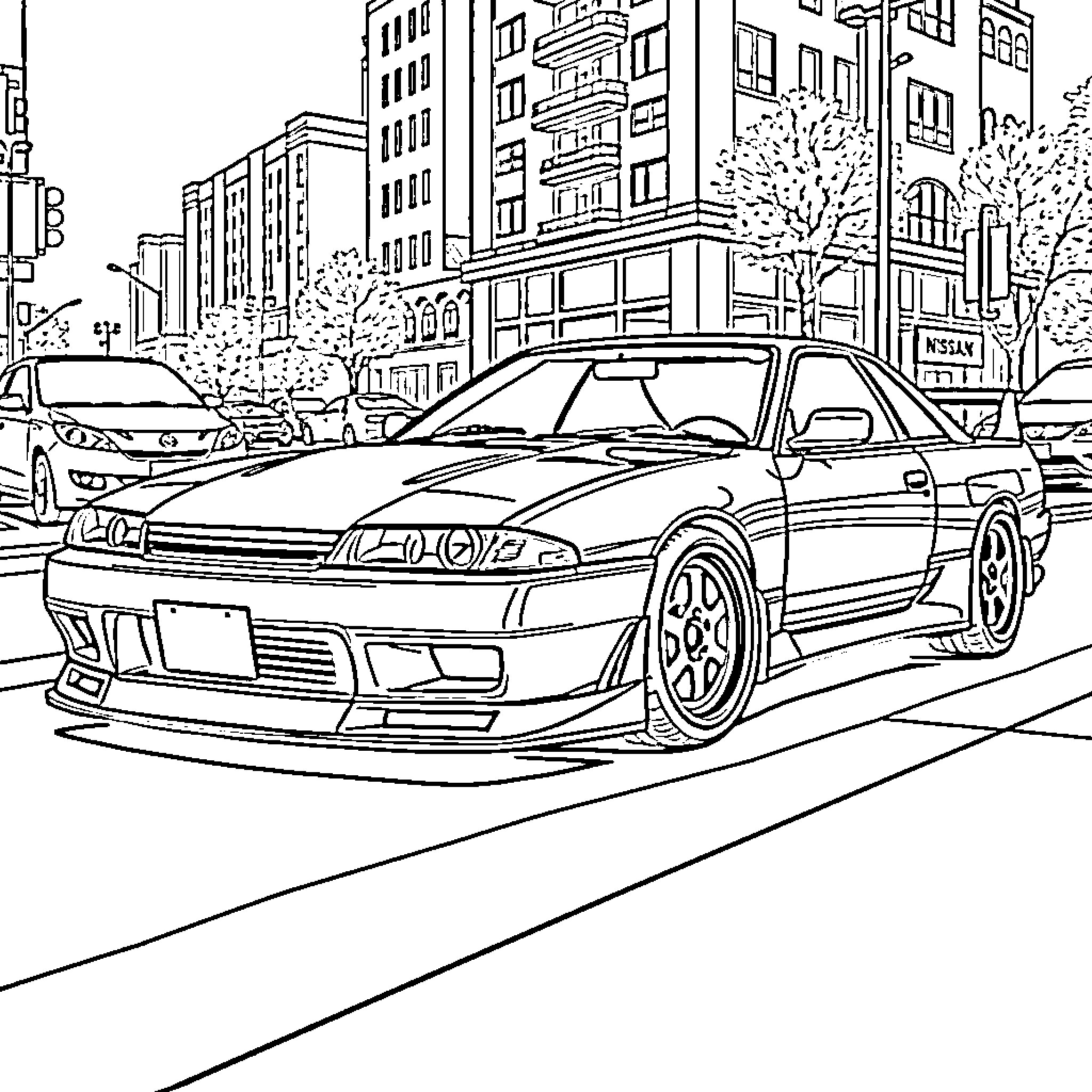 Nissan Silvia in urban city street scene Coloring Page (free black-and-white line drawing printable PDF for all, from beginners to advanced learners, including children, teens, adults, and seniors)