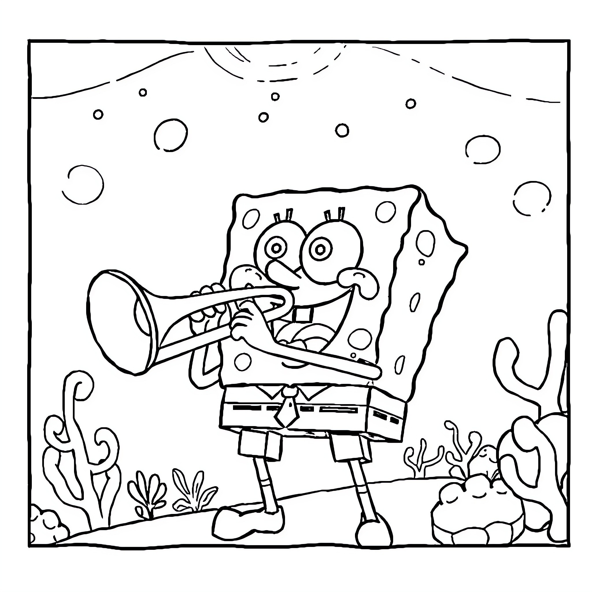 Spongebob playing with his trumpet underwater Coloring Page (free black-and-white line drawing printable PDF for all, from beginners to advanced learners, including children, teens, adults, and seniors)