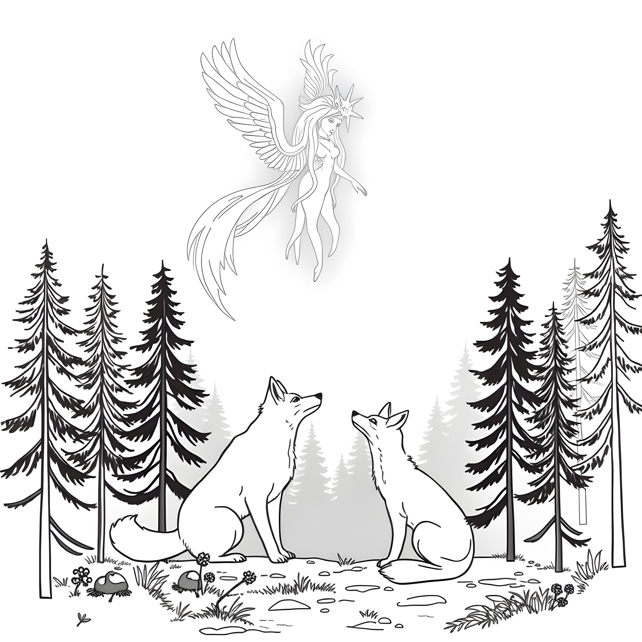 Spirit of the forest with majestic winged creature Coloring Page (free black-and-white line drawing printable PDF for all, from beginners to advanced learners, including children, teens, adults, and seniors)