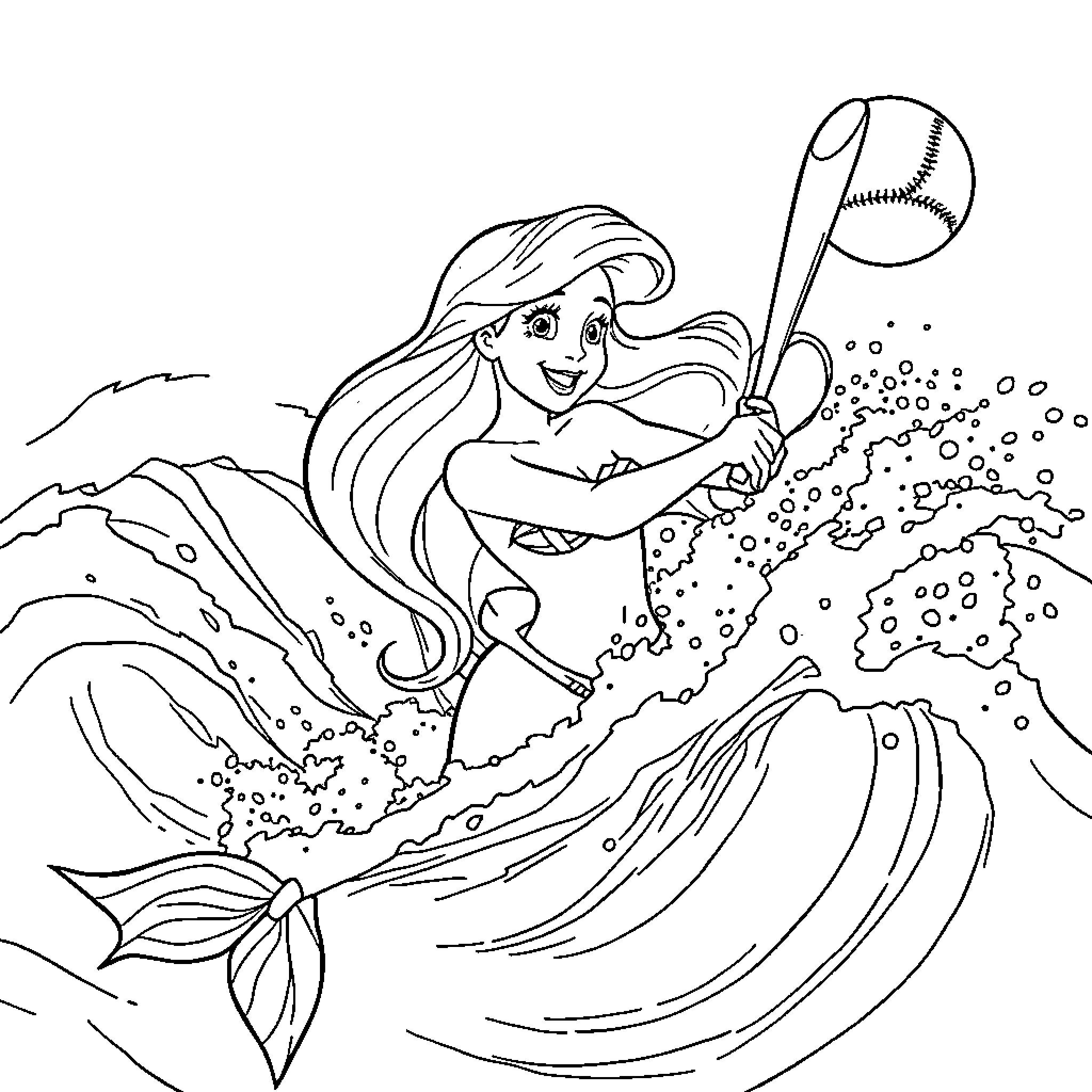 Ariel Splashing in the Waves Coloring Page (free black-and-white line drawing printable PDF for all, from beginners to advanced learners, including children, teens, adults, and seniors)