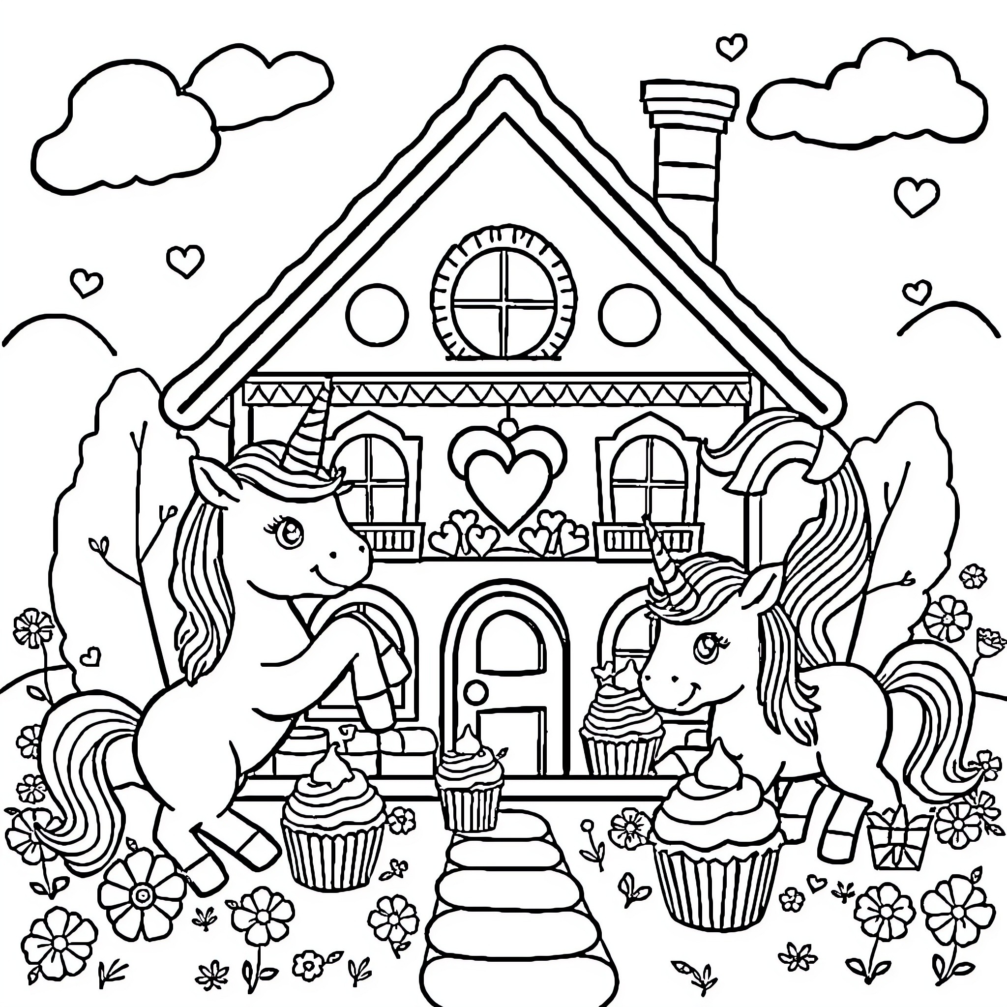 Dollhouse with Unicorns and Cupcakes Coloring Page (free black-and-white line drawing printable PDF for all, from beginners to advanced learners, including children, teens, adults, and seniors)