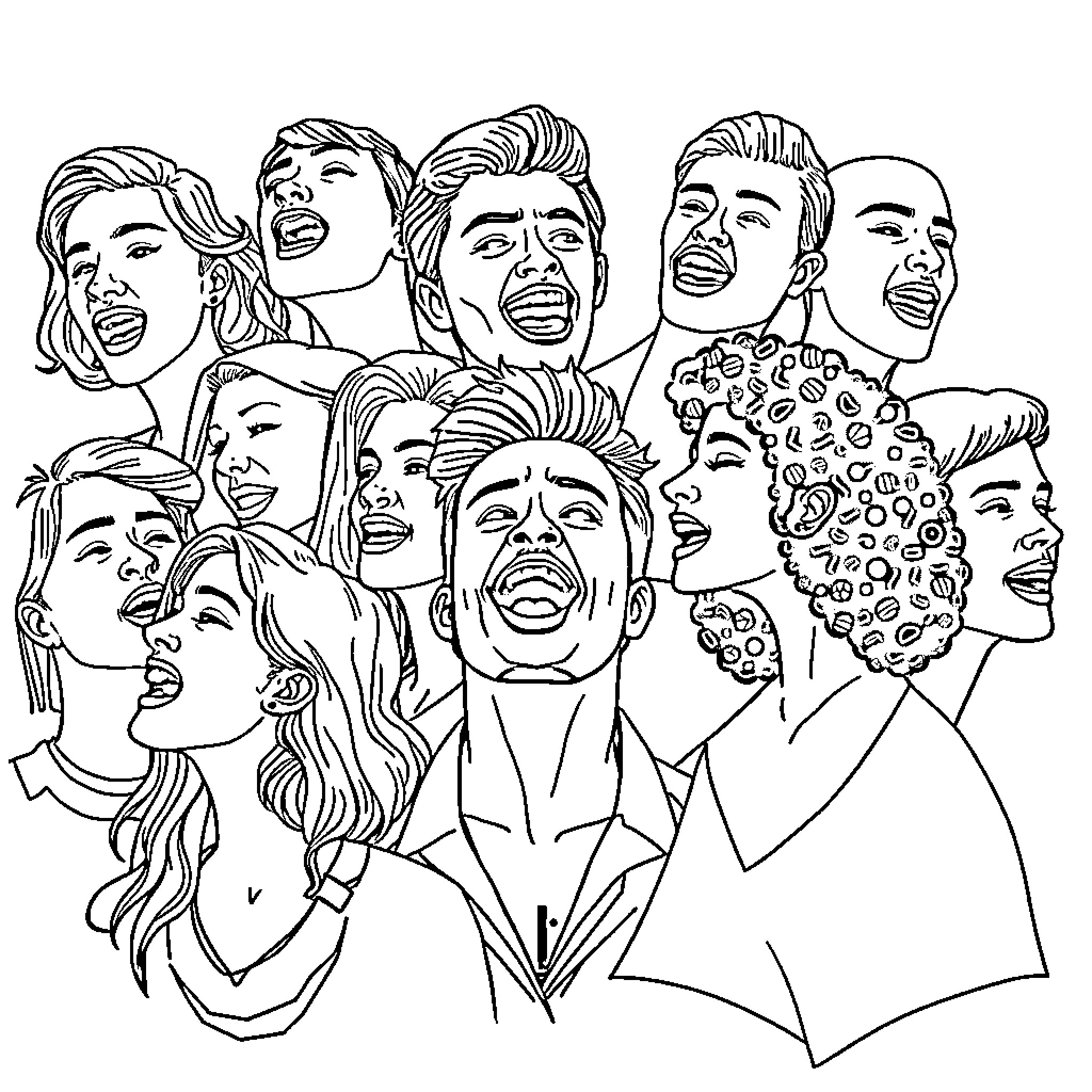 Person expressing various emotions in a crowd Coloring Page (free black-and-white line drawing printable PDF for all, from beginners to advanced learners, including children, teens, adults, and seniors)