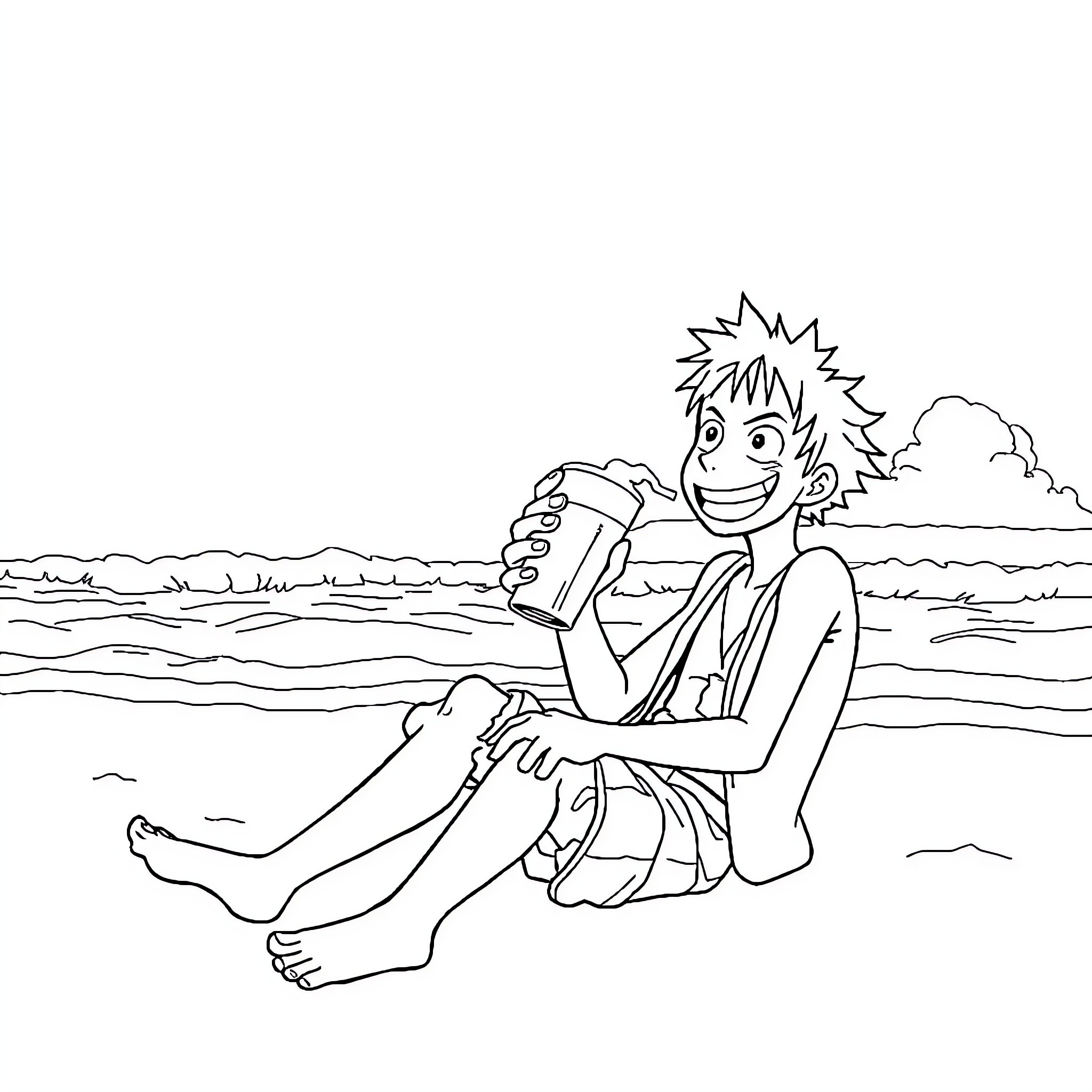 Luffy relaxing on the beach with a drink Coloring Page (free black-and-white line drawing printable PDF for all, from beginners to advanced learners, including children, teens, adults, and seniors)