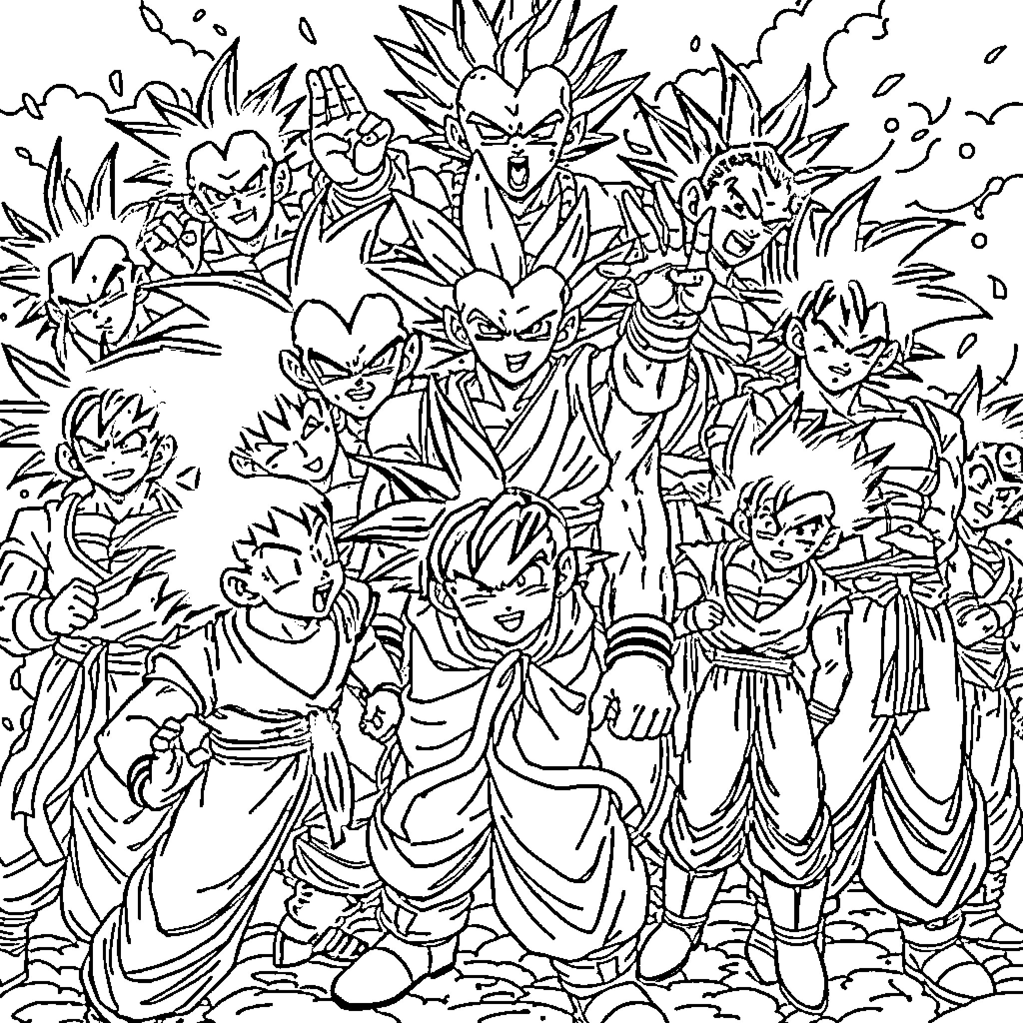 Dragon Ball Characters in an Action-Packed Scene Coloring Page (free black-and-white line drawing printable PDF for all, from beginners to advanced learners, including children, teens, adults, and seniors)