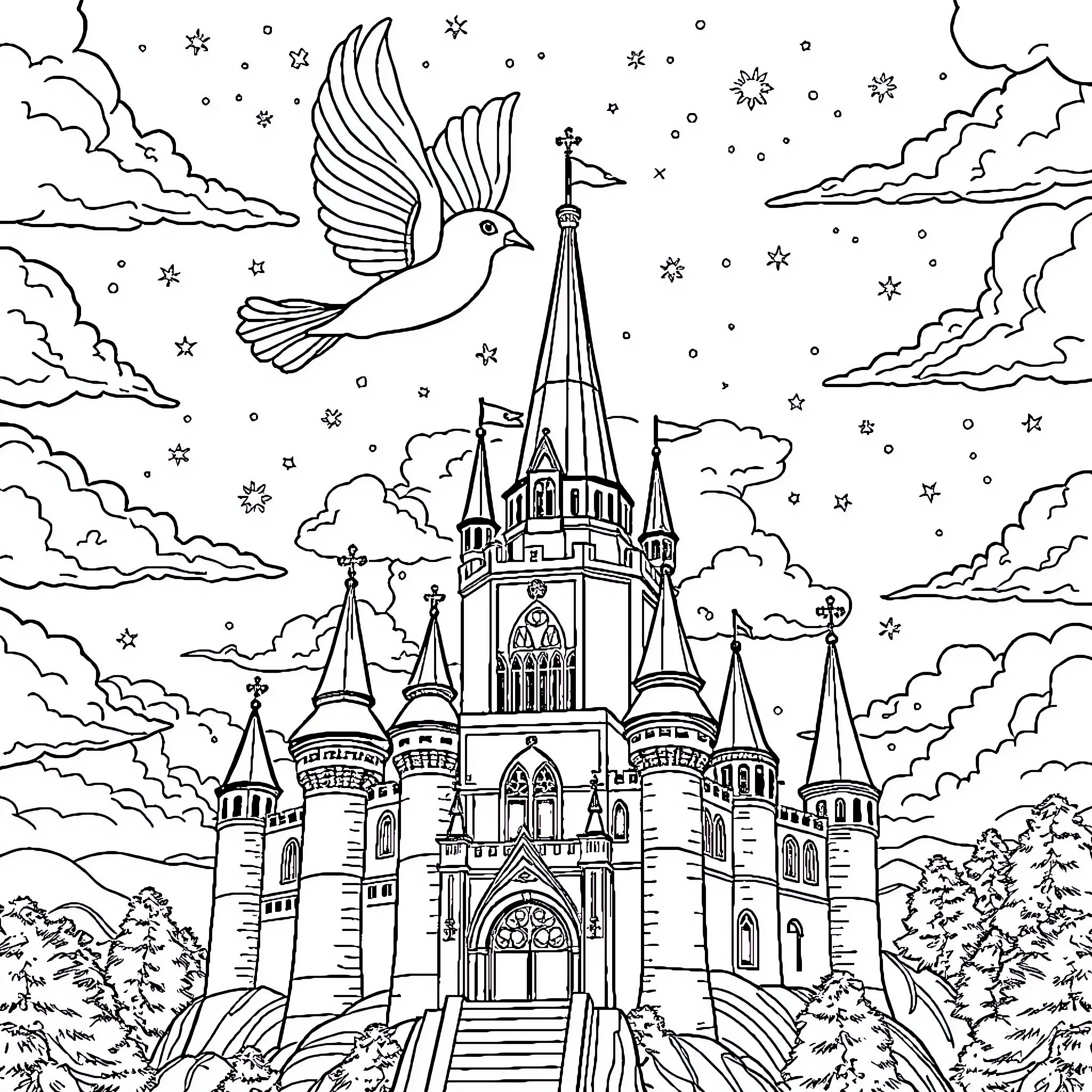 Bear soaring over a magical castle in the winter Coloring Page (free black-and-white line drawing printable PDF for all, from beginners to advanced learners, including children, teens, adults, and seniors)