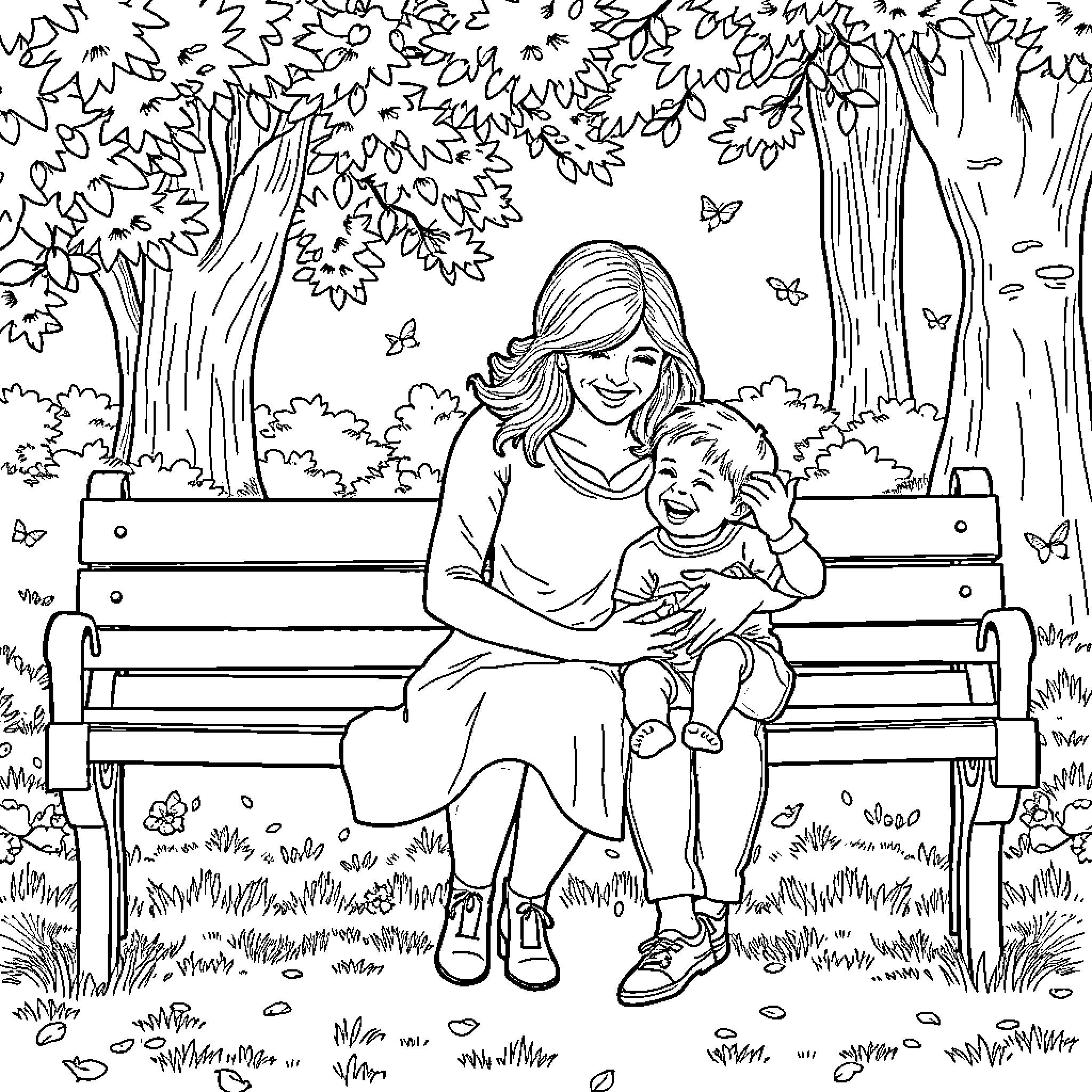 Mother and child enjoying a peaceful moment in the park Coloring Page (free black-and-white line drawing printable PDF for all, from beginners to advanced learners, including children, teens, adults, and seniors)