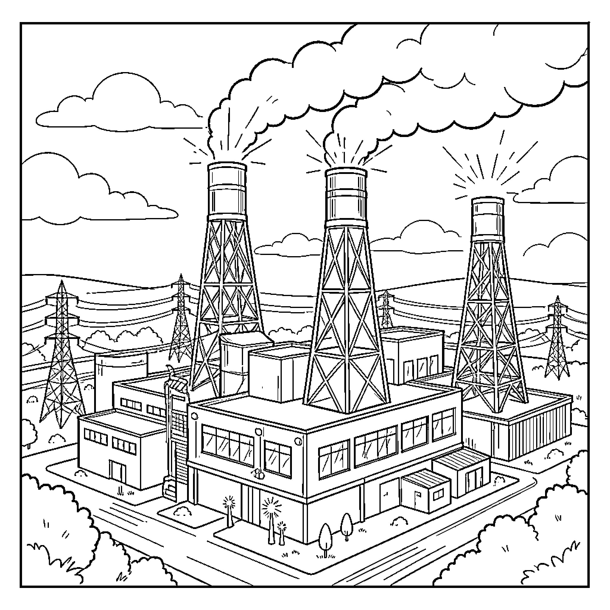 Central Industrial Landscape with Towering Smokestacks Coloring Page (free black-and-white line drawing printable PDF for all, from beginners to advanced learners, including children, teens, adults, and seniors)