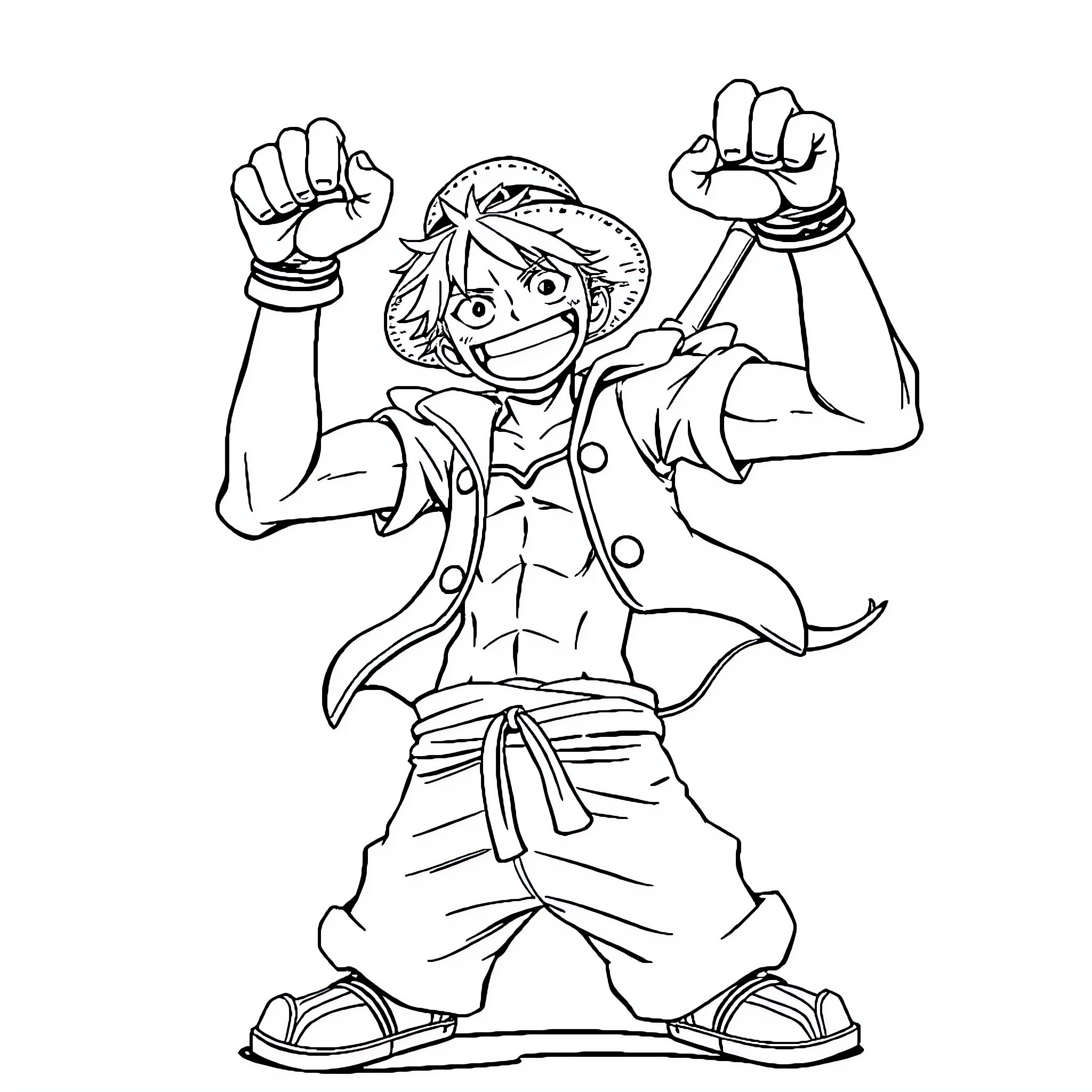 Luffy Empowered and Ready for Action Coloring Page (free black-and-white line drawing printable PDF for all, from beginners to advanced learners, including children, teens, adults, and seniors)