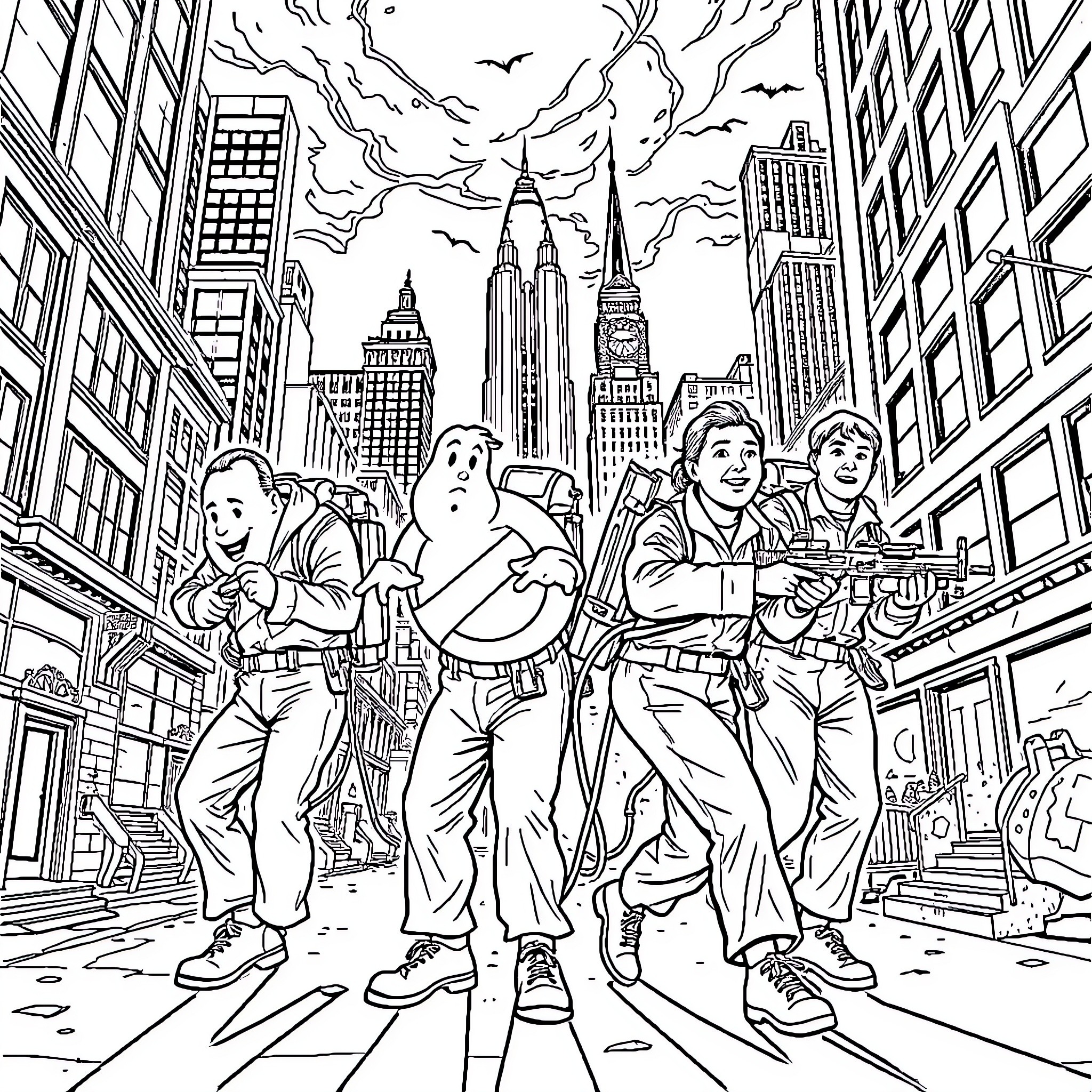 Ghostbusters team investigating paranormal activity in the city Coloring Page (free black-and-white line drawing printable PDF for all, from beginners to advanced learners, including children, teens, adults, and seniors)