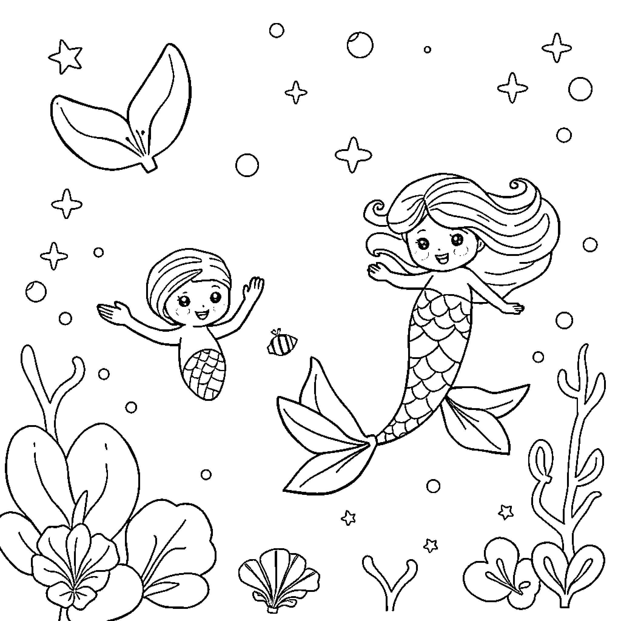 Mermaid friends playing in the sea Coloring Page (free black-and-white line drawing printable PDF for all, from beginners to advanced learners, including children, teens, adults, and seniors)