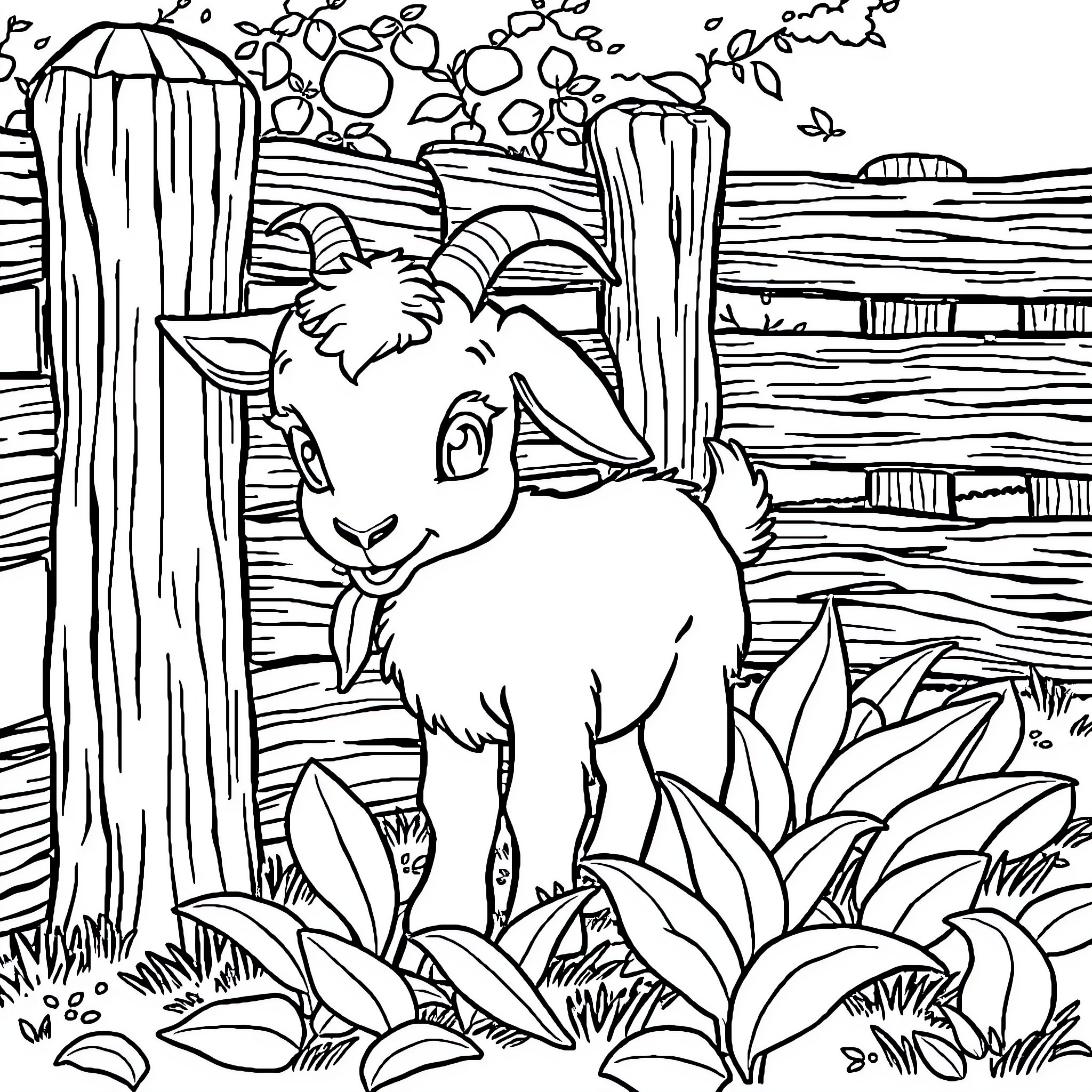Goat exploring a lush garden Coloring Page (free black-and-white line drawing printable PDF for all, from beginners to advanced learners, including children, teens, adults, and seniors)
