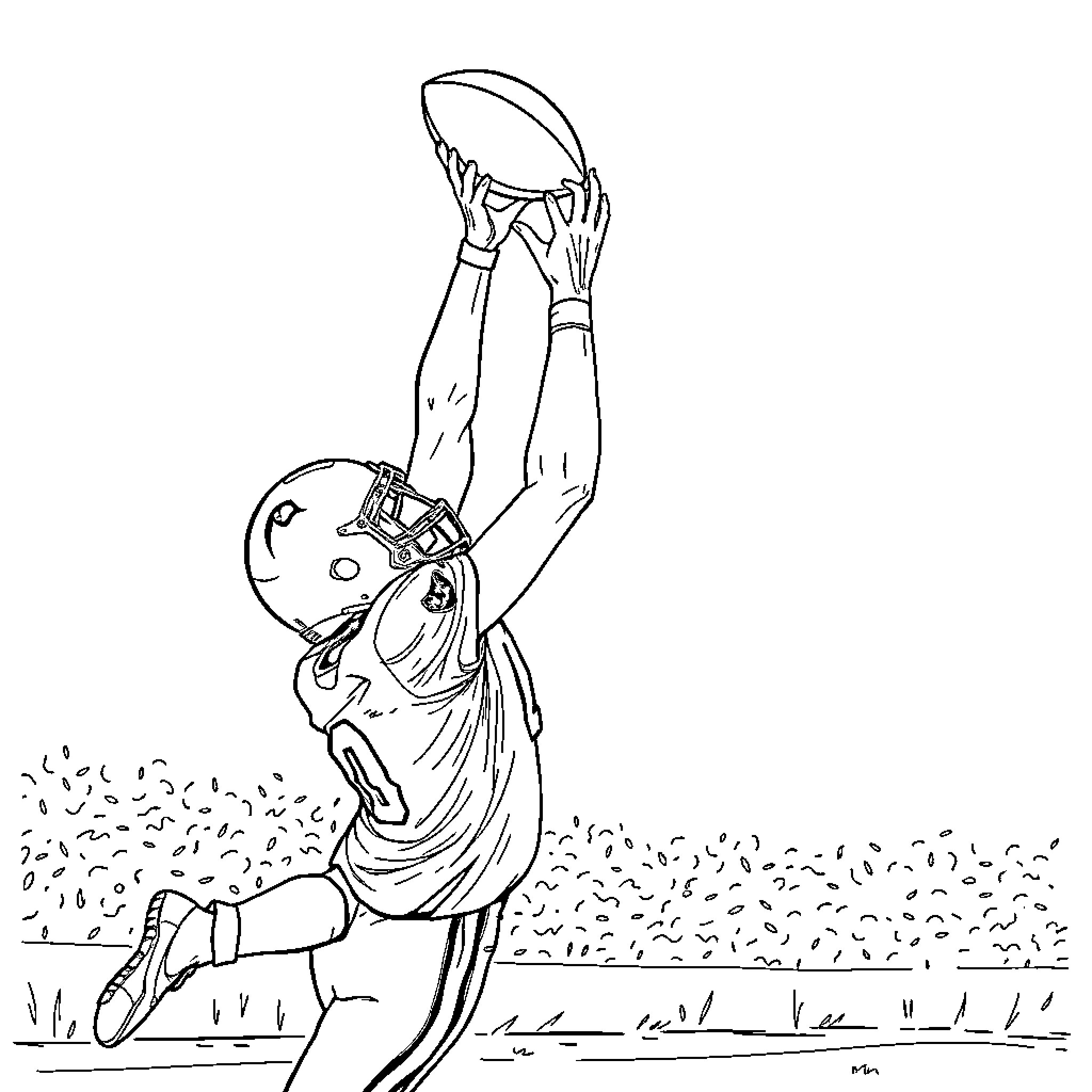 Football player making a leaping catch Coloring Page (free black-and-white line drawing printable PDF for all, from beginners to advanced learners, including children, teens, adults, and seniors)