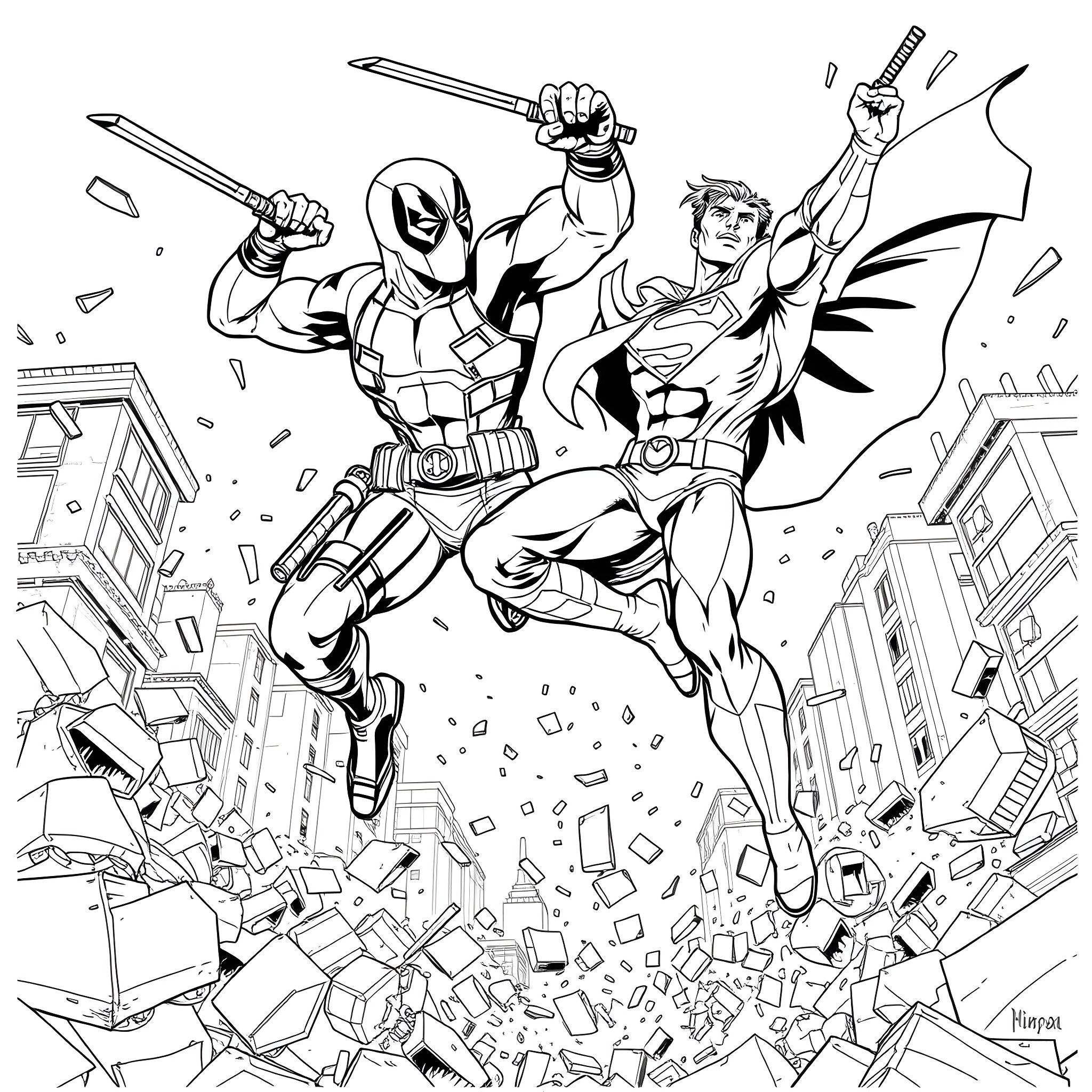 Deadpool and Superheroes in Explosive Action Coloring Page (free black-and-white line drawing printable PDF for all, from beginners to advanced learners, including children, teens, adults, and seniors)