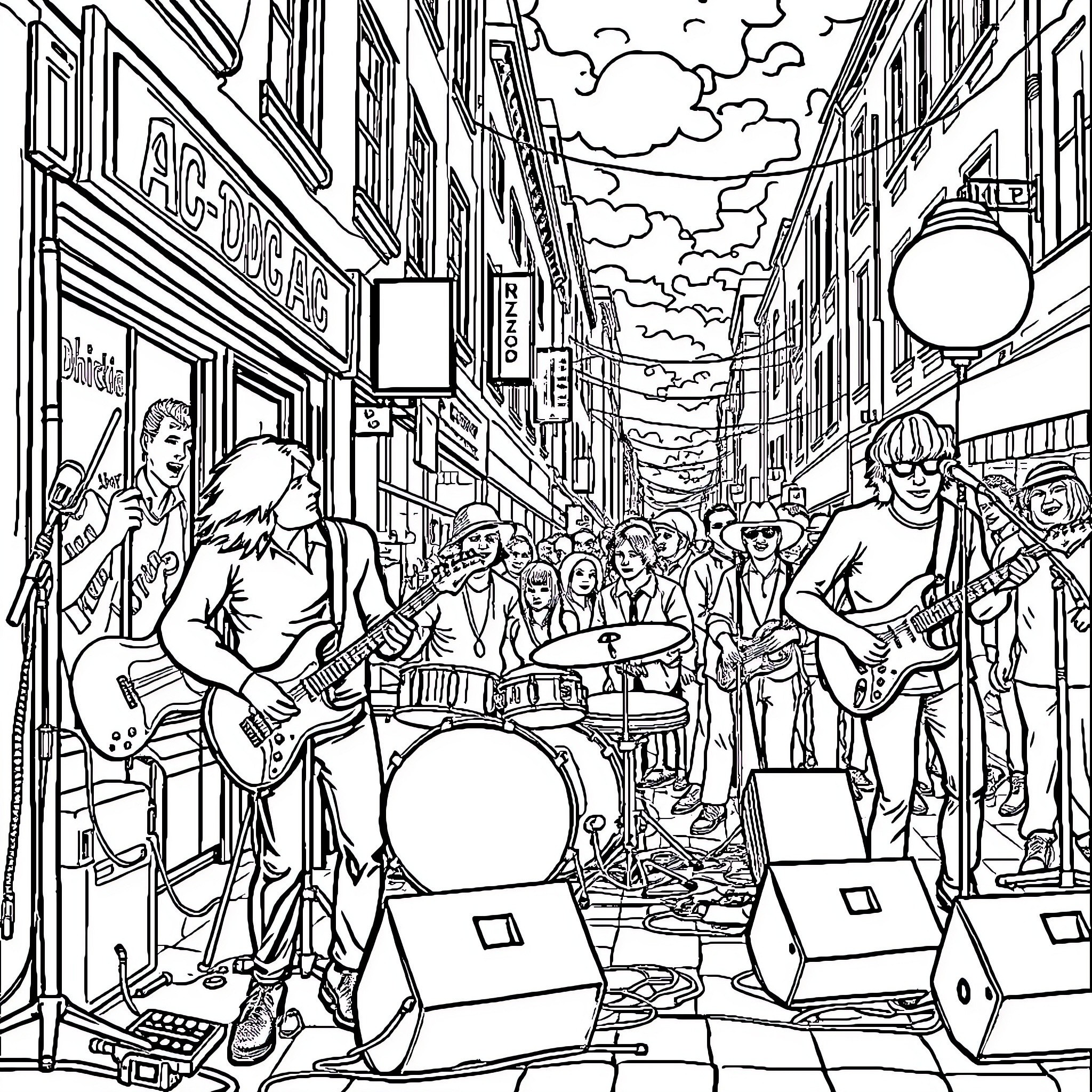AC/DC Street Rock Show with Energetic Performers Coloring Page (free black-and-white line drawing printable PDF for all, from beginners to advanced learners, including children, teens, adults, and seniors)