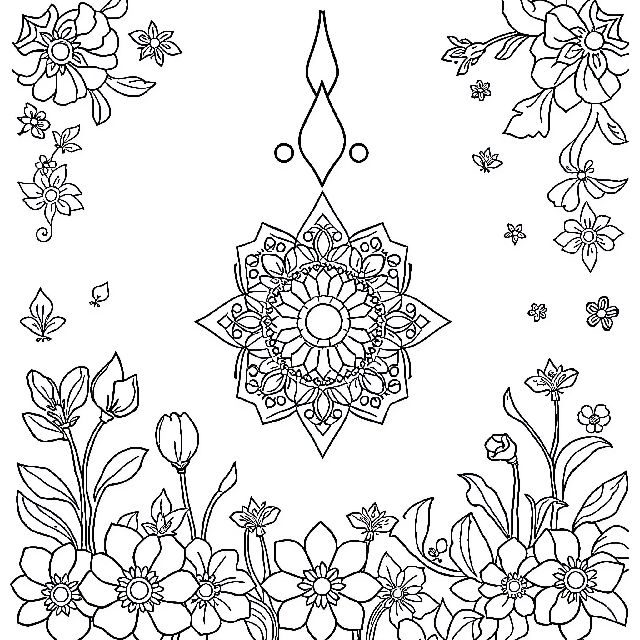 Mind the Floral Mandala and Blooming Bouquets Coloring Page (free black-and-white line drawing printable PDF for all, from beginners to advanced learners, including children, teens, adults, and seniors)