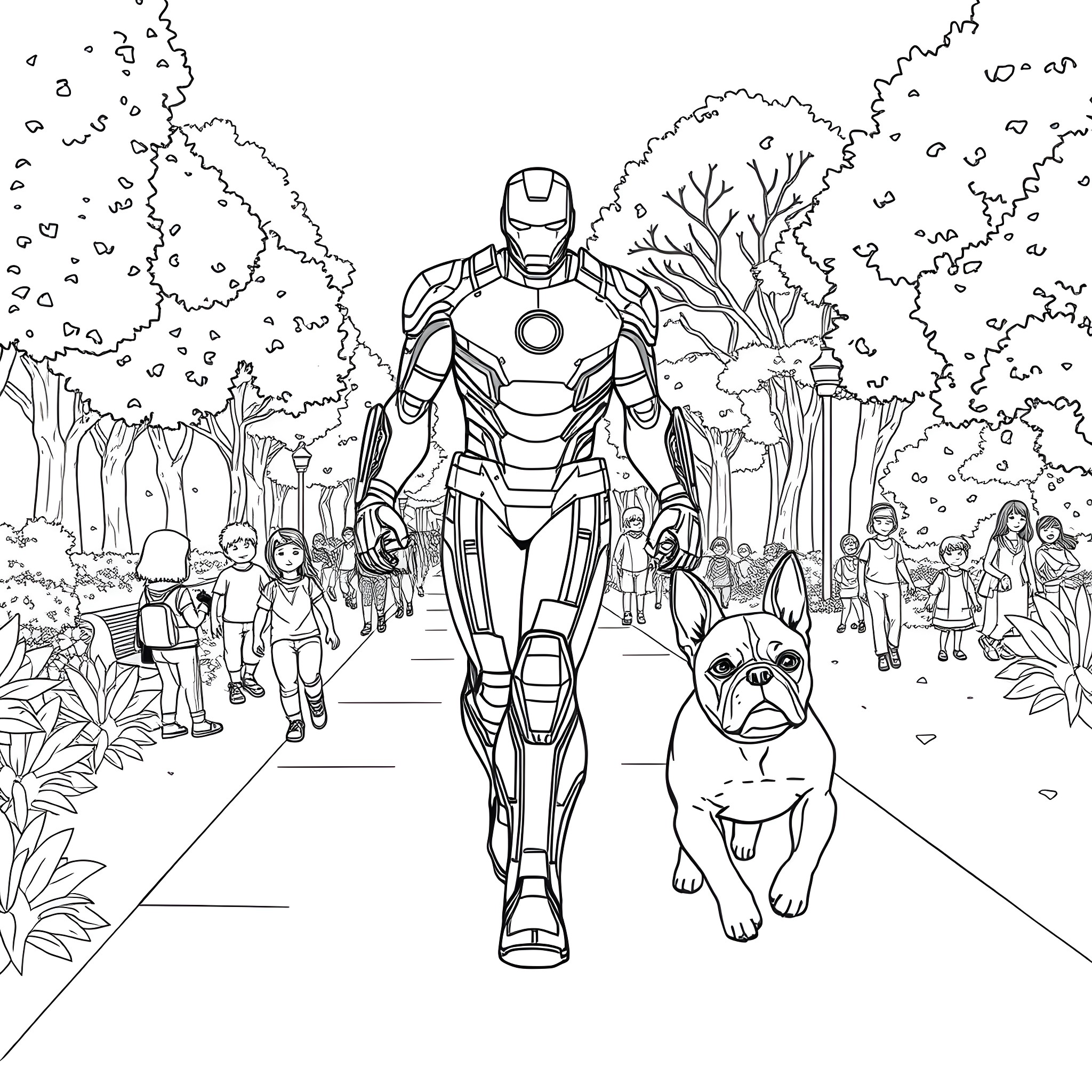 Iron Man walking with a dog through a park Coloring Page (free black-and-white line drawing printable PDF for all, from beginners to advanced learners, including children, teens, adults, and seniors)