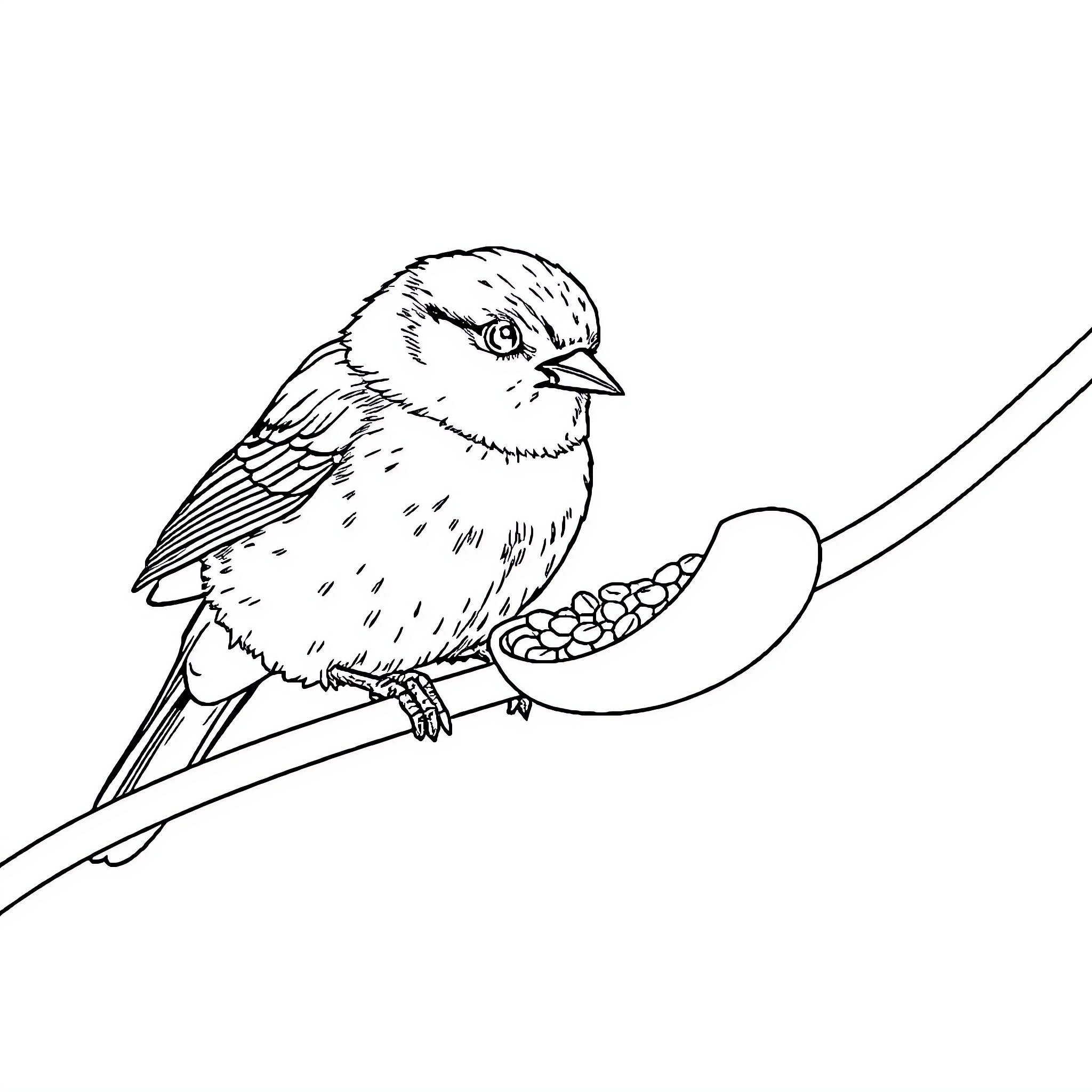 Bird feeding on seeds perched on branch Coloring Page (free black-and-white line drawing printable PDF for all, from beginners to advanced learners, including children, teens, adults, and seniors)