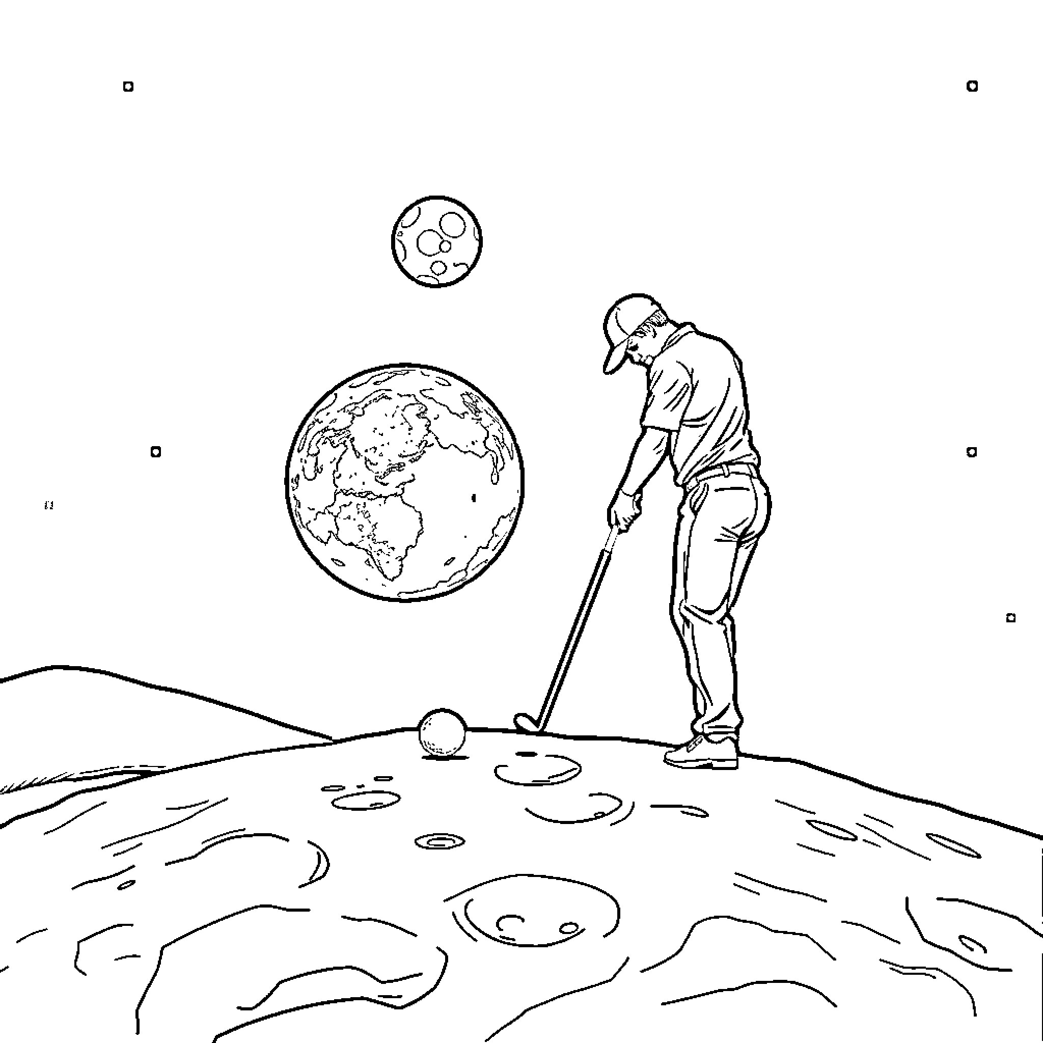 Golfplayer enjoying the game on the moon Coloring Page (free black-and-white line drawing printable PDF for all, from beginners to advanced learners, including children, teens, adults, and seniors)