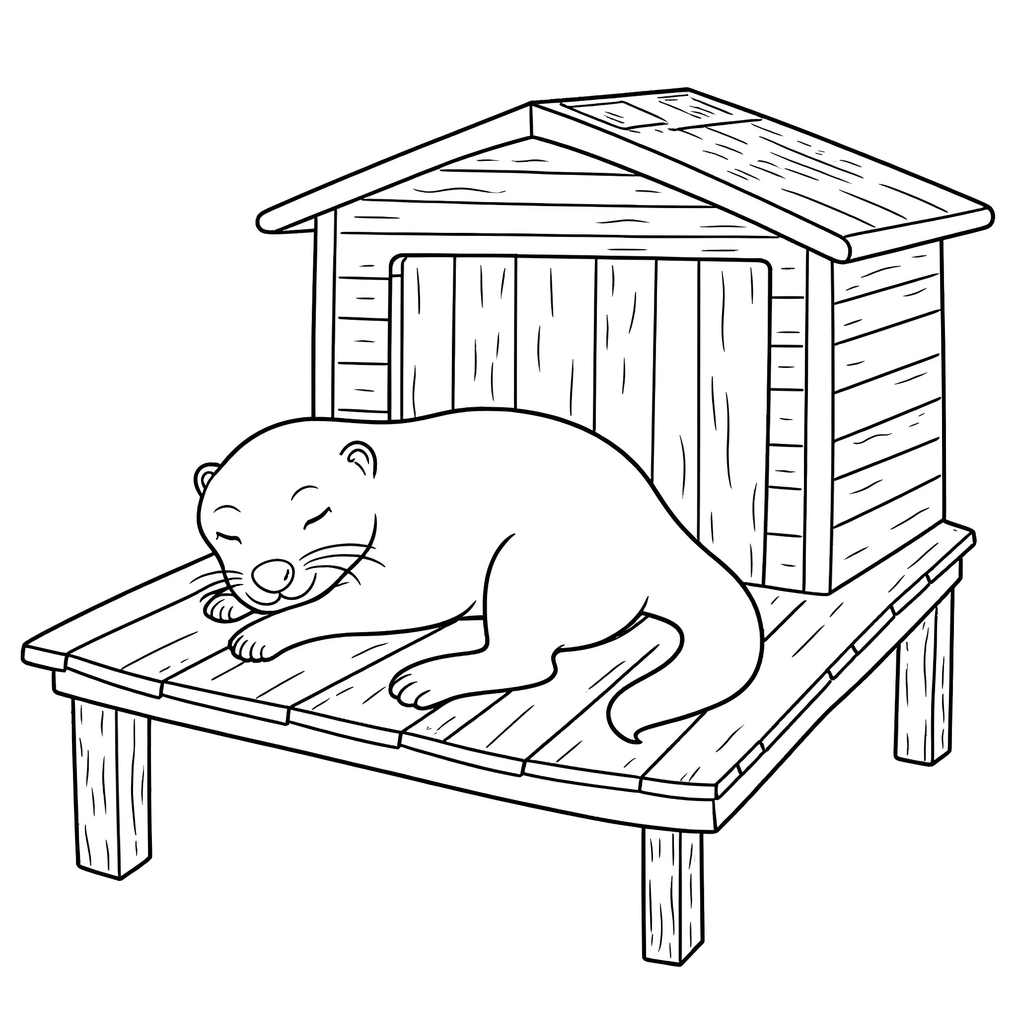 Otter relaxing in a cozy wooden cabin Coloring Page (free black-and-white line drawing printable PDF for all, from beginners to advanced learners, including children, teens, adults, and seniors)