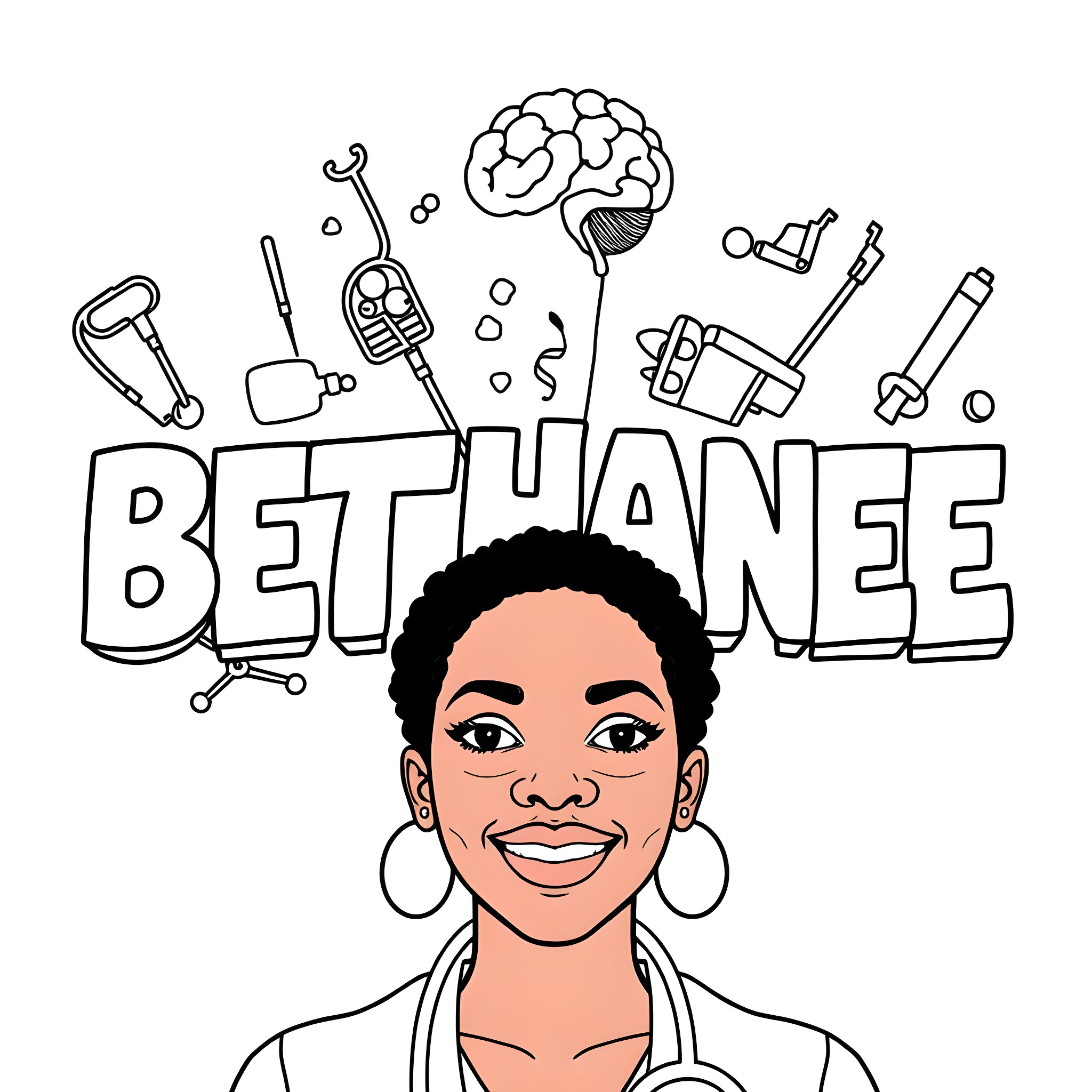 Bethanee's Radiant Smile and Vibrant Surroundings Coloring Page (free black-and-white line drawing printable PDF for all, from beginners to advanced learners, including children, teens, adults, and seniors)