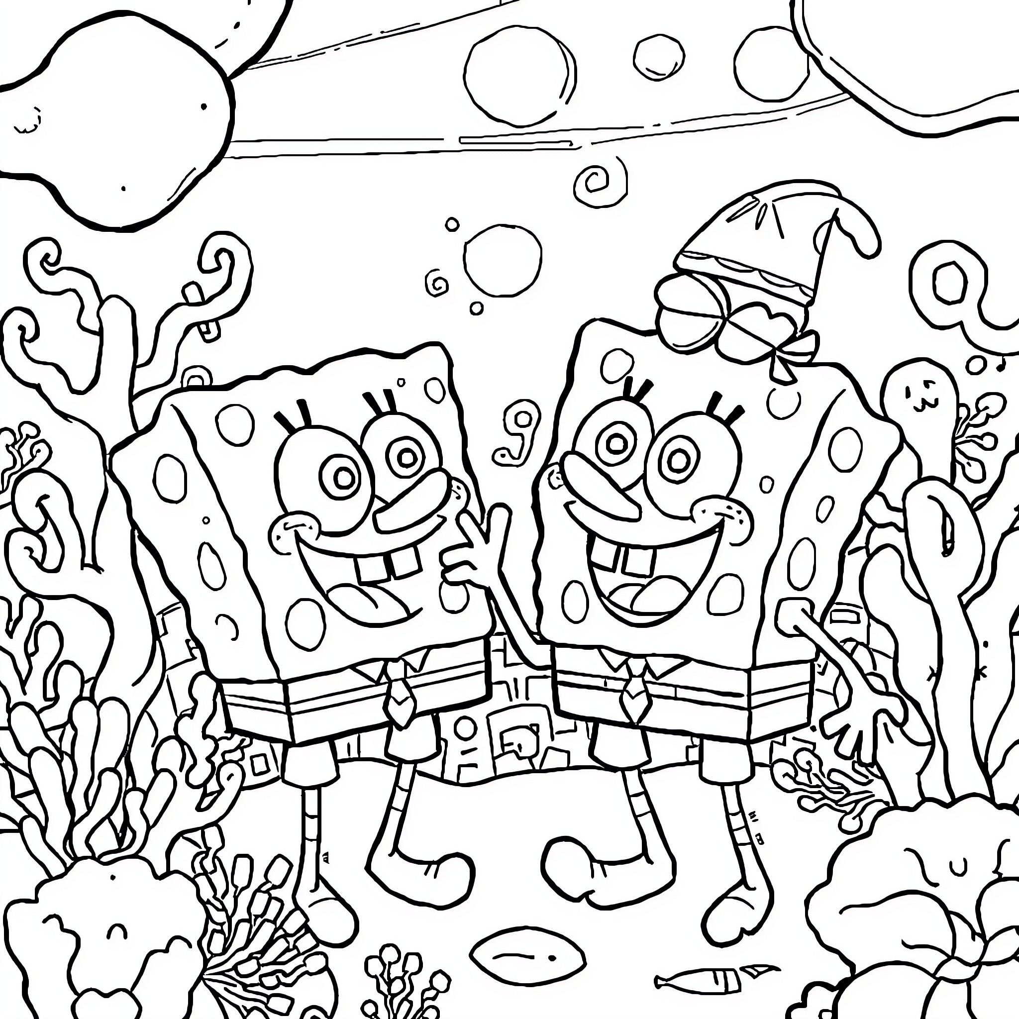 Spongebob and Patrick having fun underwater Coloring Page (free black-and-white line drawing printable PDF for all, from beginners to advanced learners, including children, teens, adults, and seniors)