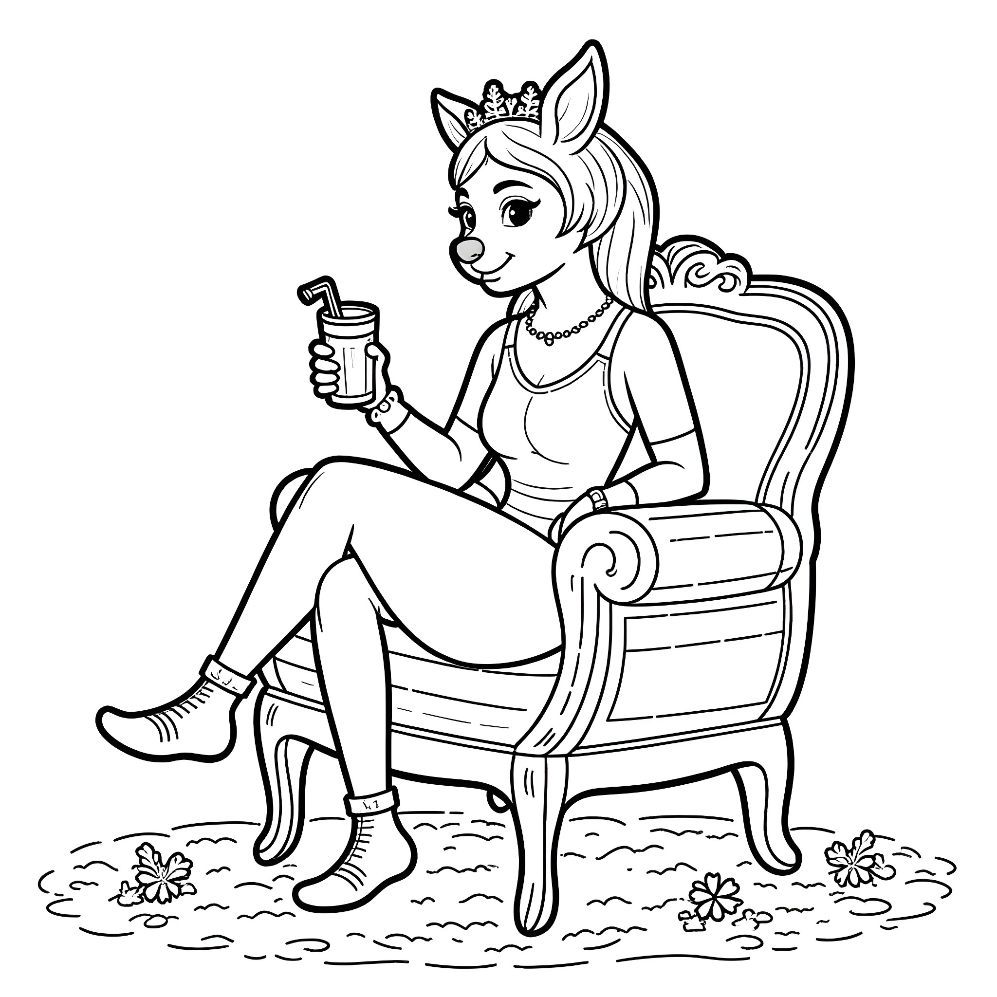Queen Enjoying a Refreshing Drink in a Floral Setting Coloring Page (free black-and-white line drawing printable PDF for all, from beginners to advanced learners, including children, teens, adults, and seniors)