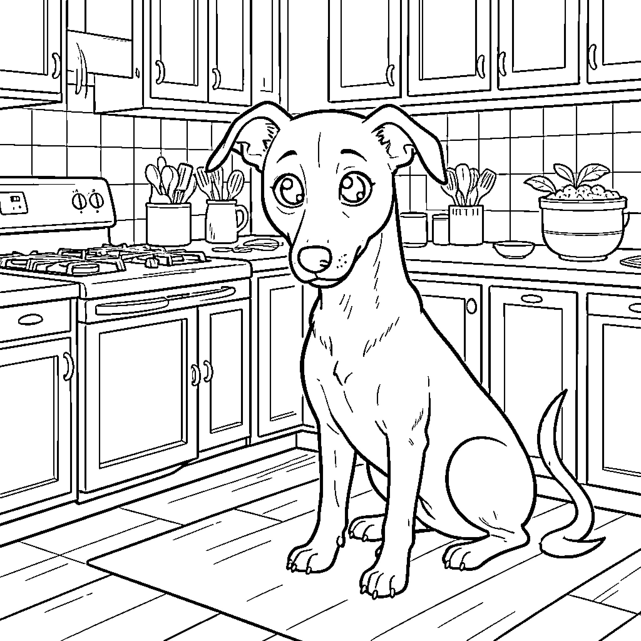Italian Greyhound sitting happily in the kitchen Coloring Page (free black-and-white line drawing printable PDF for all, from beginners to advanced learners, including children, teens, adults, and seniors)