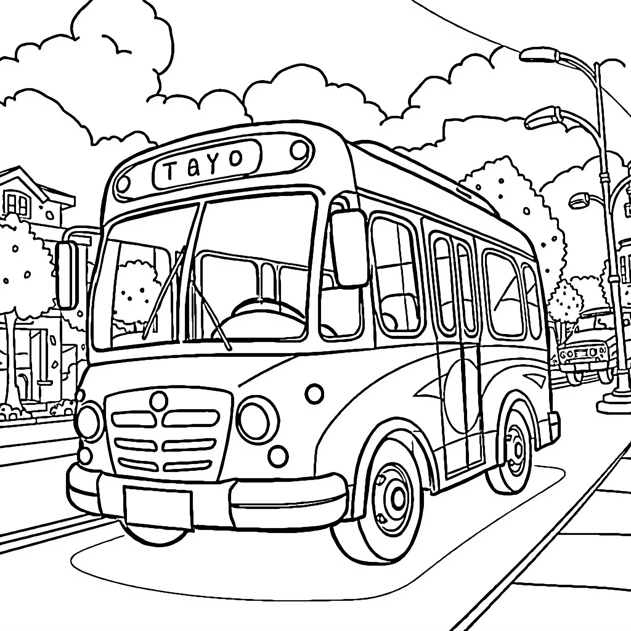 Tayo the Little Bus on the City Street Coloring Page (free black-and-white line drawing printable PDF for all, from beginners to advanced learners, including children, teens, adults, and seniors)