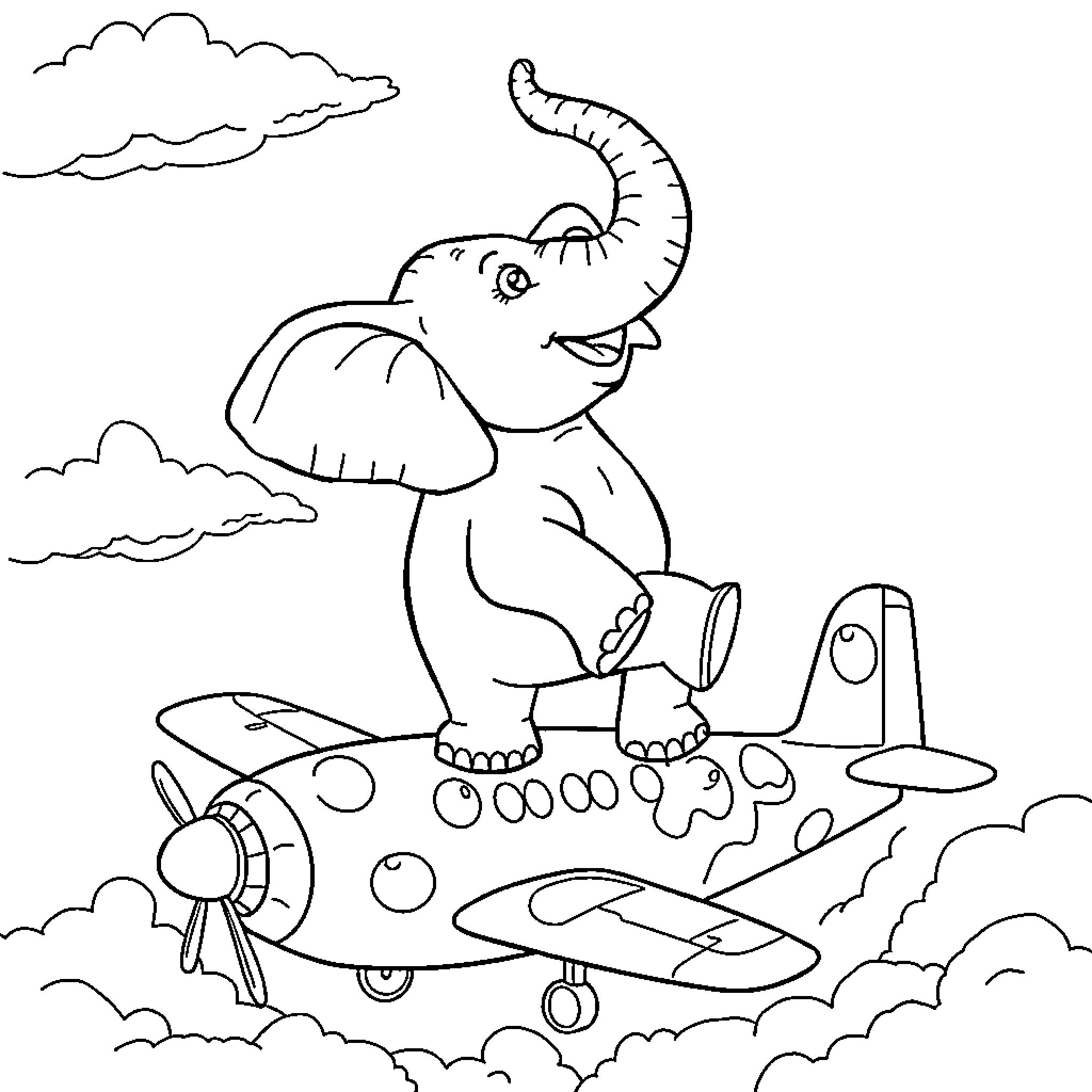 Elephant flying an airplane in the sky Coloring Page (free black-and-white line drawing printable PDF for all, from beginners to advanced learners, including children, teens, adults, and seniors)